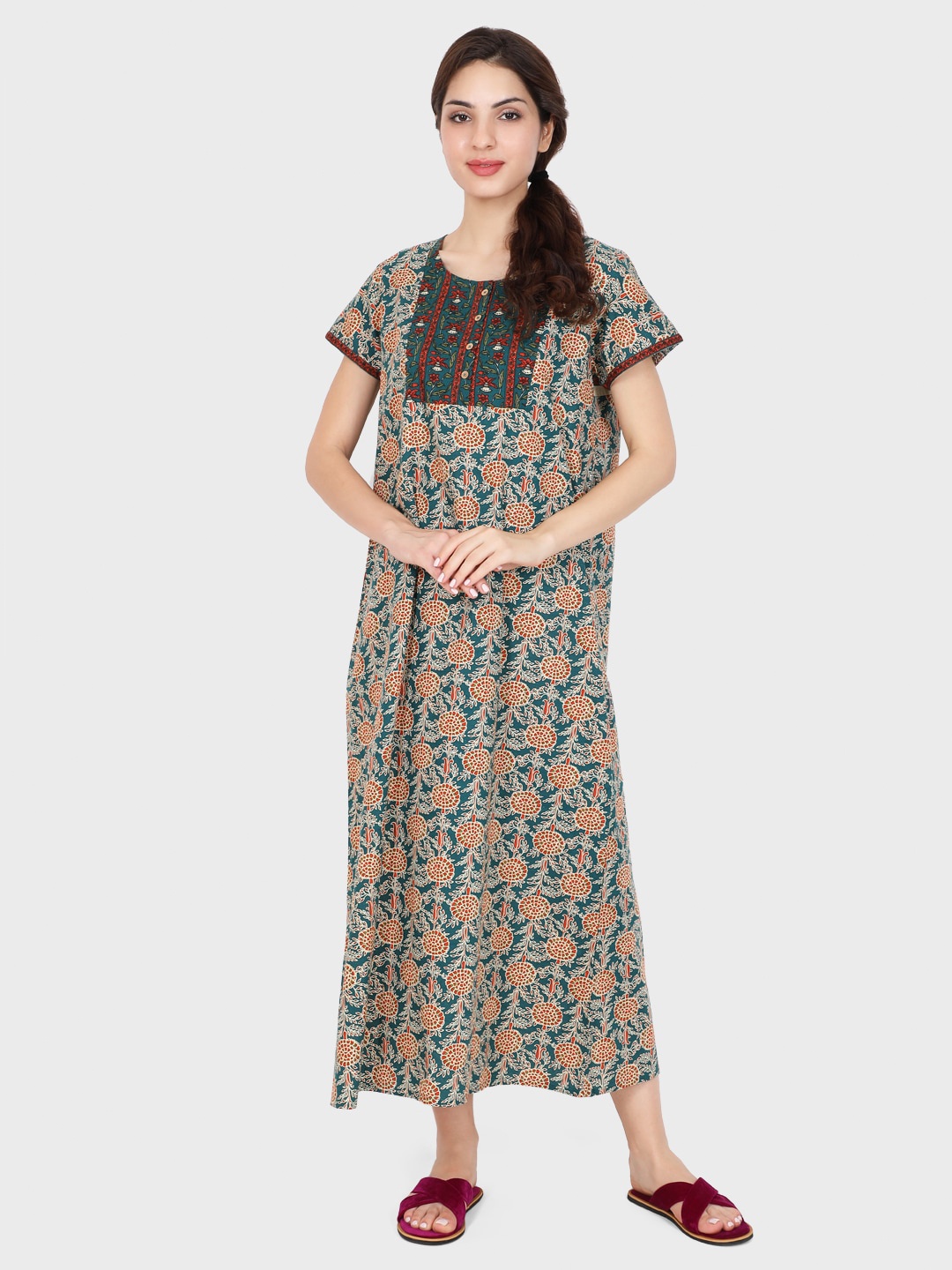 

evolove Teal Printed Maxi Nightdress