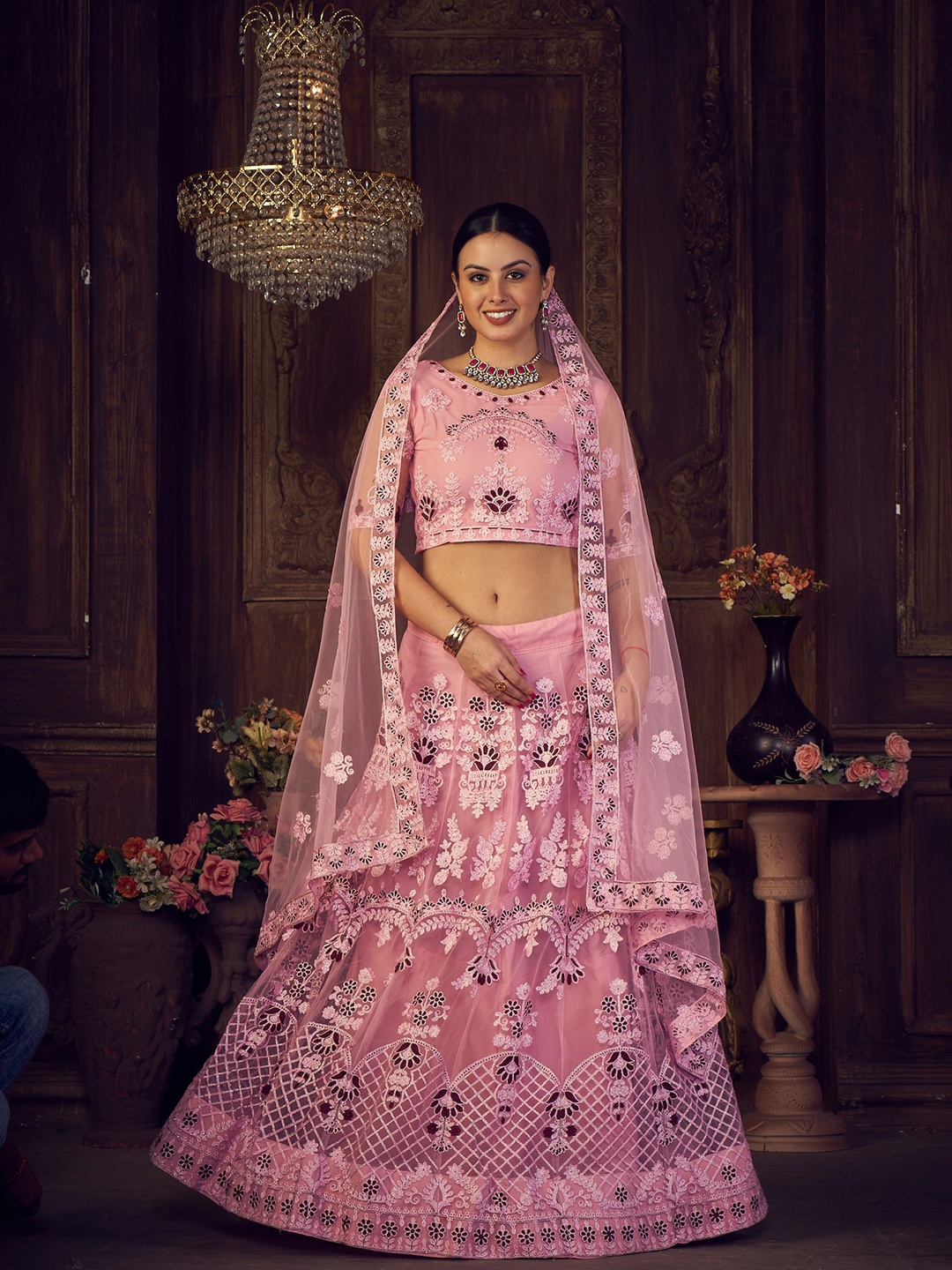 

Warthy Ent Pink & Maroon Embroidered Semi-Stitched Lehenga & Unstitched Blouse &Dupatta