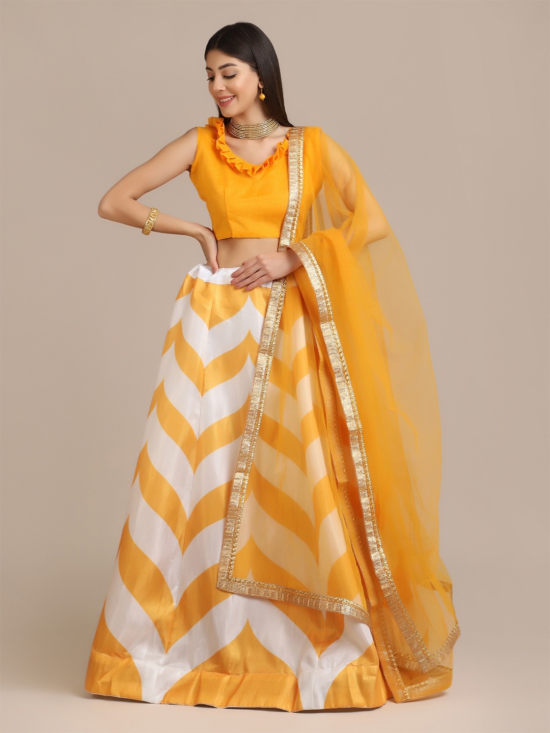 

Warthy Ent Yellow & White Semi-Stitched Lehenga & Unstitched Blouse With Dupatta