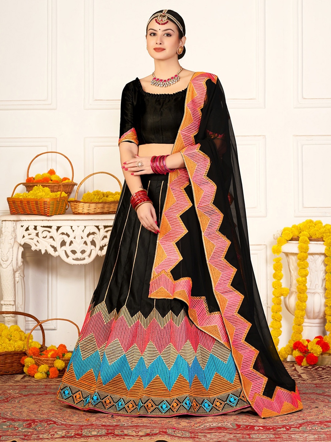 

Warthy Ent Black & Peach Embroidered Semi-Stitched Lehenga & Unstitched Blouse & Dupatta