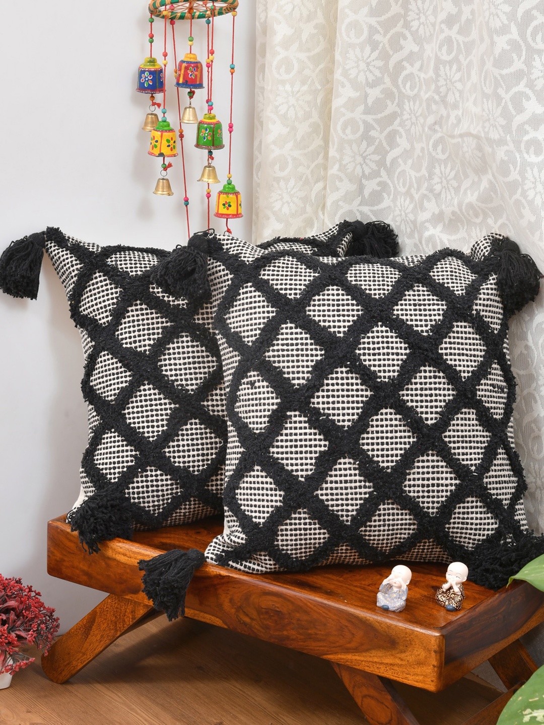 

Gulaab Jaipur Black & White Set of 2 Embroidered Cotton Square Cushion Covers