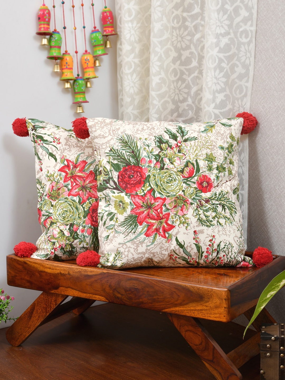 

Gulaab Jaipur Beige & Red Set of 2 Floral Print Cotton Square Cushion Covers