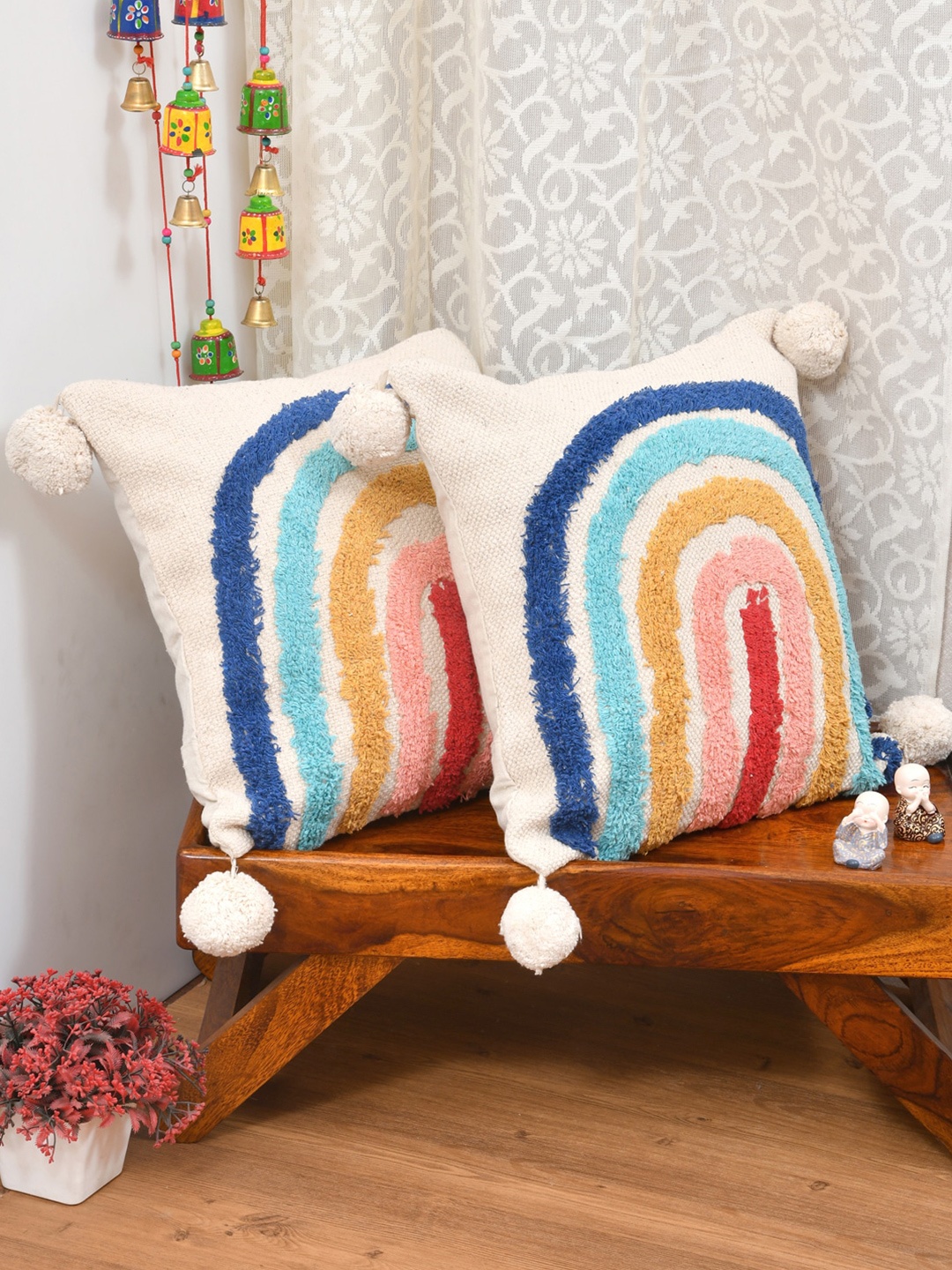 

Gulaab Jaipur White & Blue Set of 2 Embroidered Cotton Square Cushion Covers