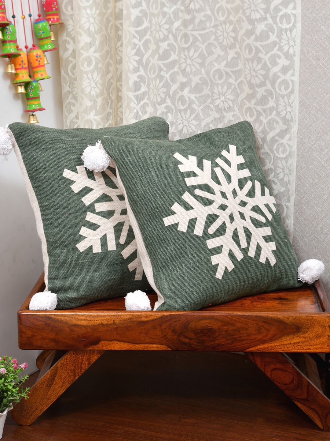 

Gulaab Jaipur Green & White Set of 2 Geometric Print Cotton Square Cushion Covers
