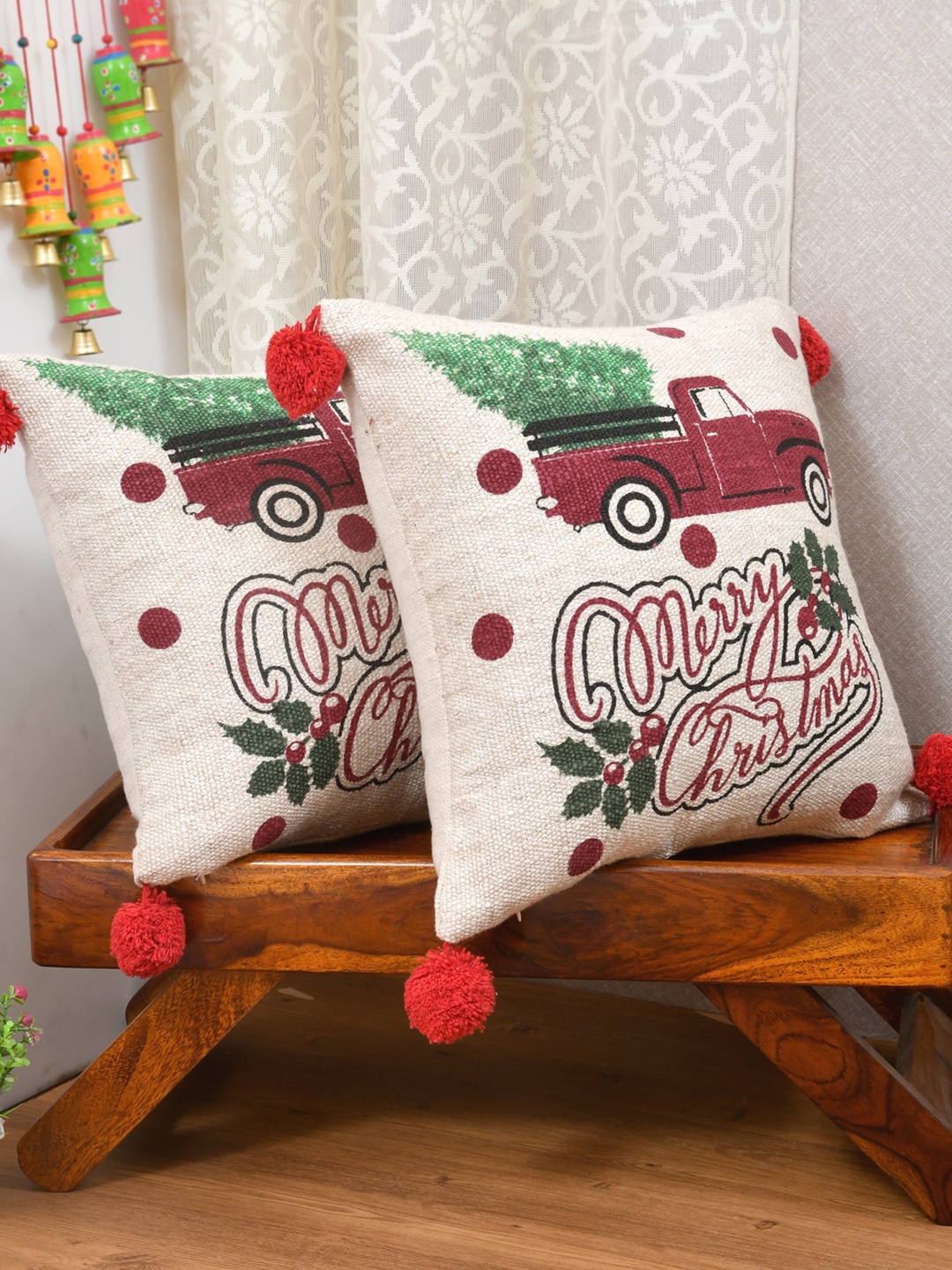 

Gulaab Jaipur Burgundy & Green Set of 2 Graphic Print Cotton Square Cushion Covers