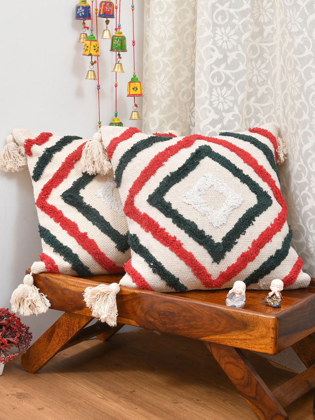 

Gulaab Jaipur White & Green Set of 2 Embroidered Cotton Square Cushion Covers