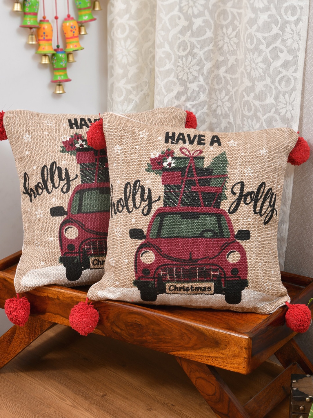 

Gulaab Jaipur Beige & Burgundy Set of 2 Graphic Printed Cotton Square Cushion Covers