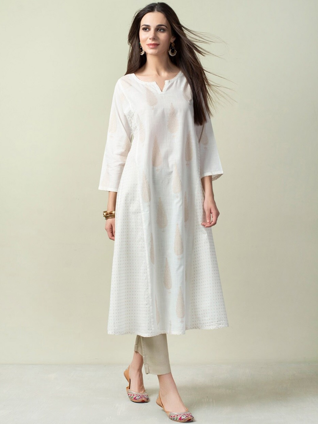 

Fabindia Printed Cotton A-Line Kurta, White