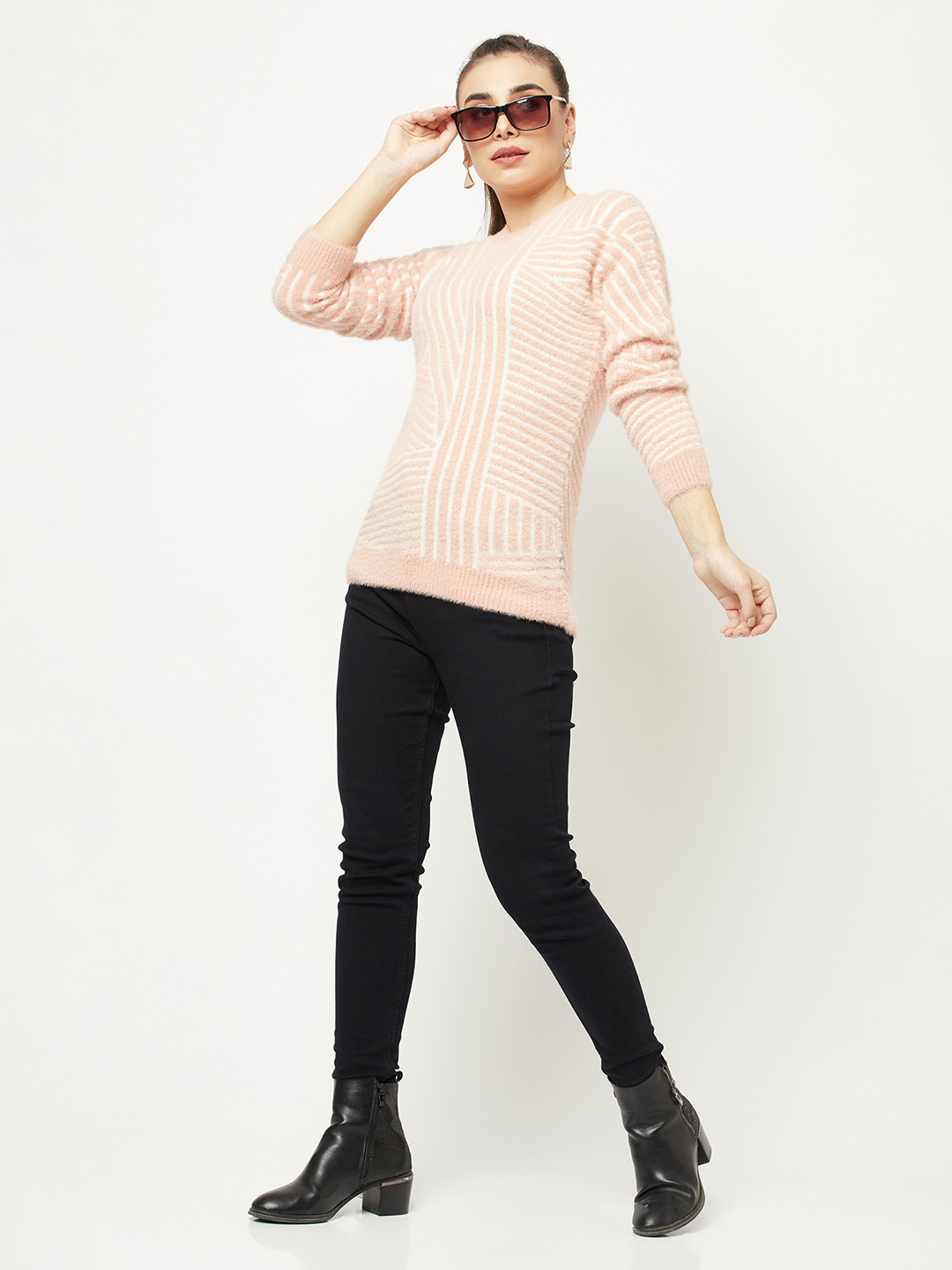 

Crimsoune Club Women Peach-Coloured & White Striped Pullover with Fuzzy Detail