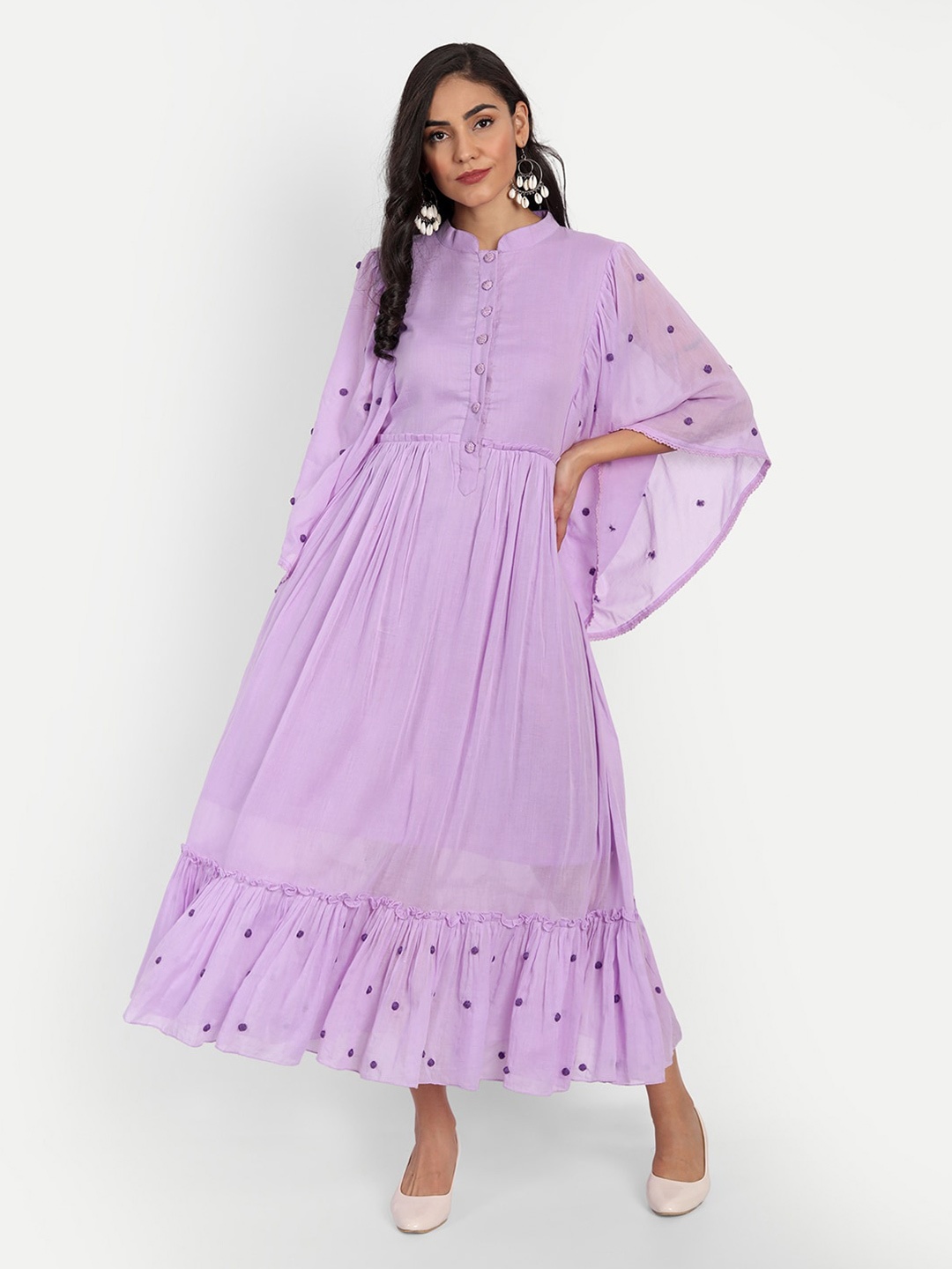 

KAPASRITI Lavender Floral Embroidered Cotton A-Line Maxi Dress