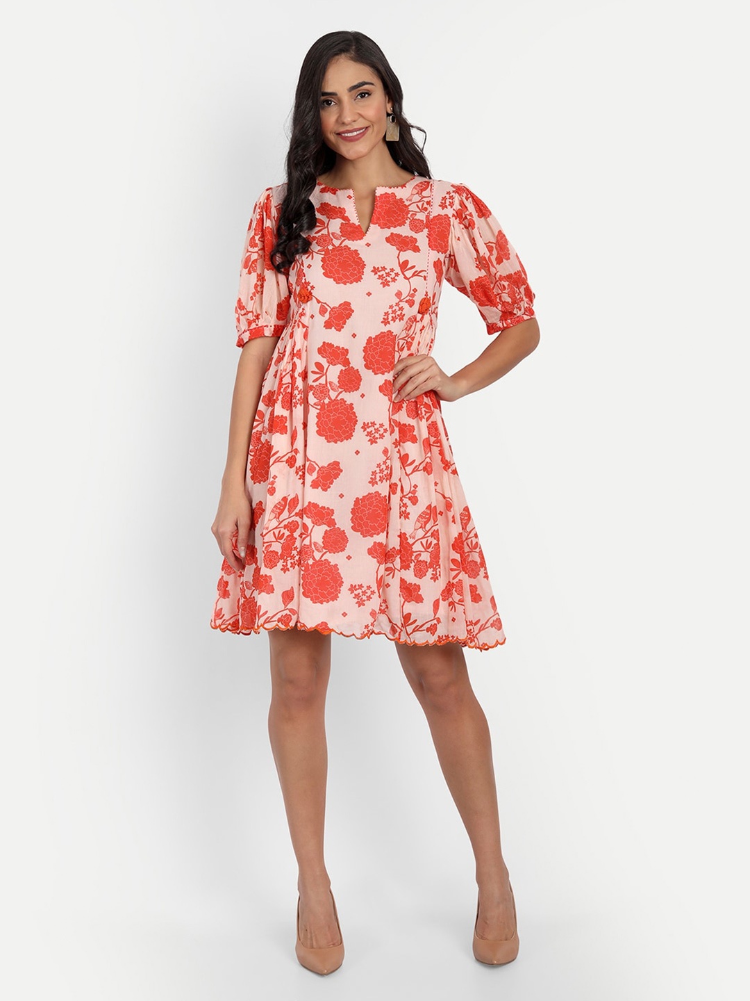 

KAPASRITI Orange Floral Printed Cotton A-Line Dress