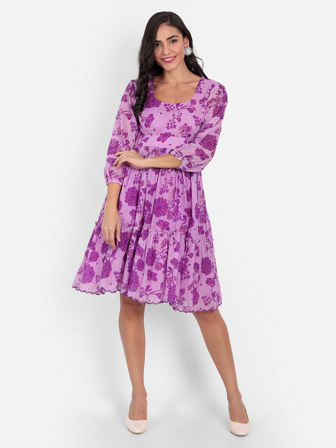 

KAPASRITI Purple Floral Printed Cotton Fit and Flare Dress
