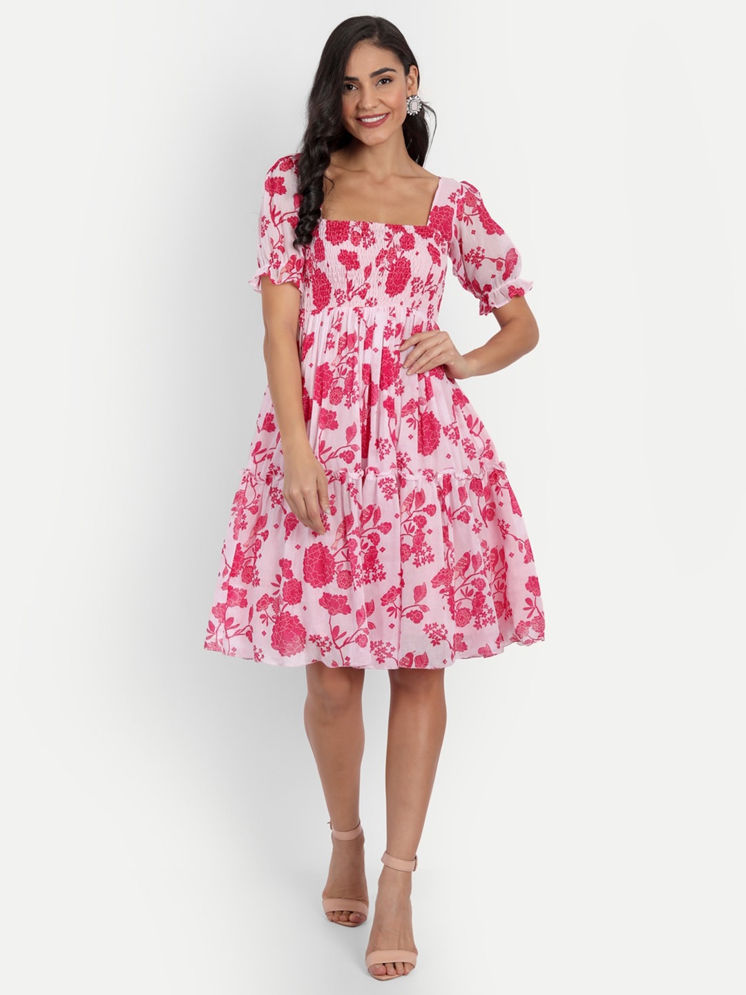 

KAPASRITI Floral Printed Fit and Flare Dress, Pink