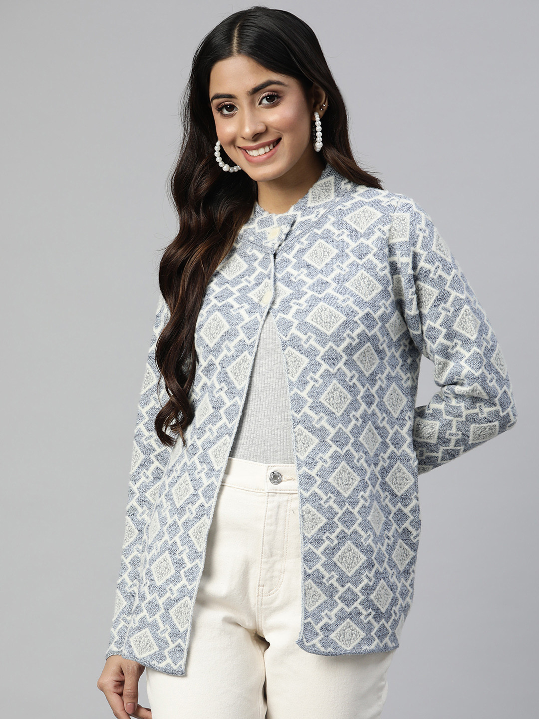 

Pierre Carlo Women Blue Printed Longline Sweater