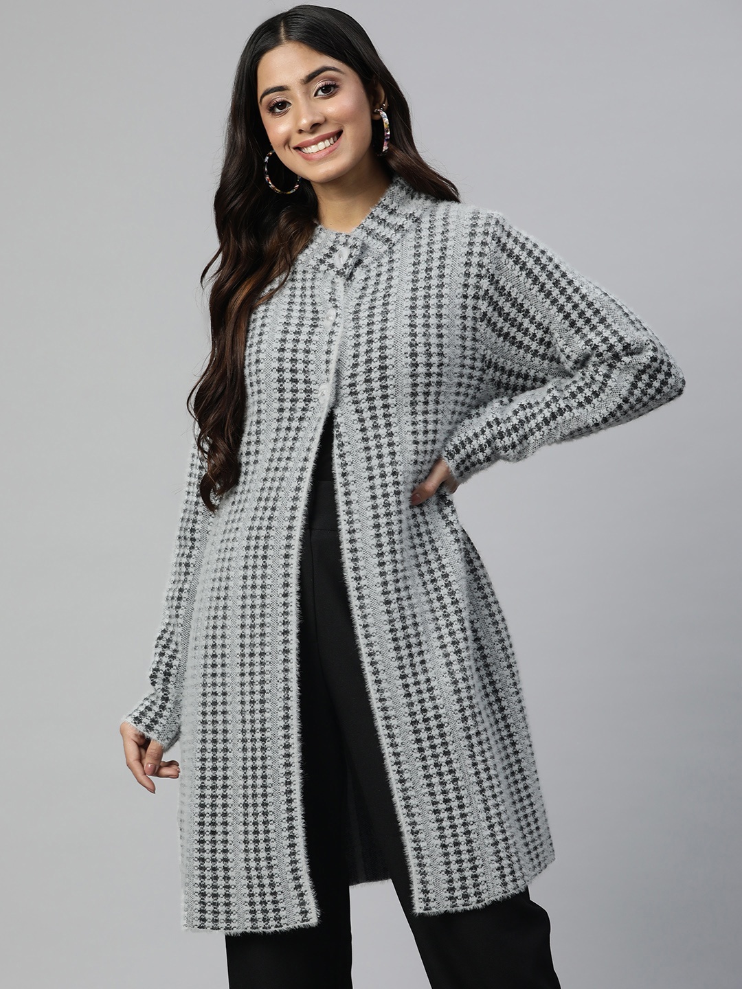 

Pierre Carlo Women Grey Striped Longline Sweater