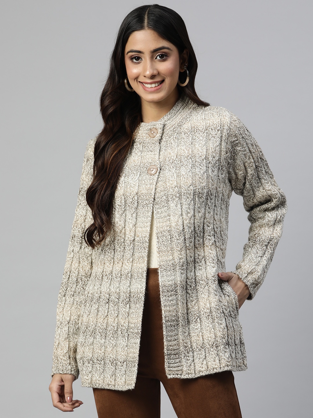 

Pierre Carlo Women Beige Cable Knit Longline Sweater