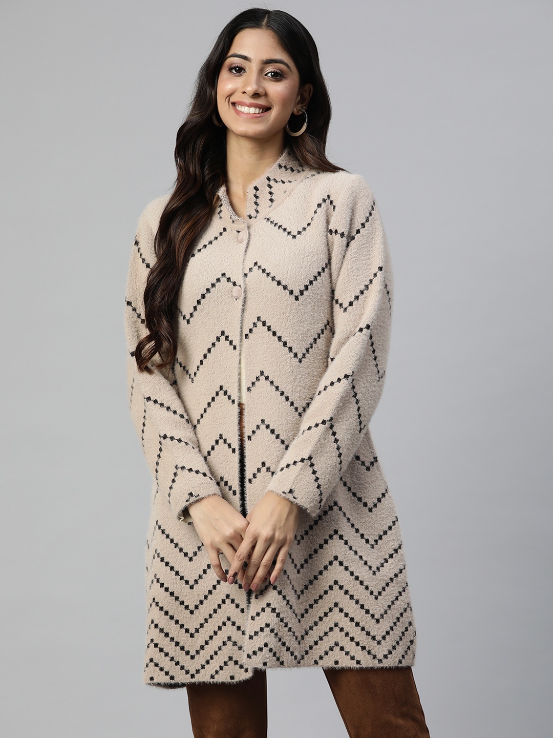 

Pierre Carlo Women Camel Brown Chevron Printed Longline Sweater