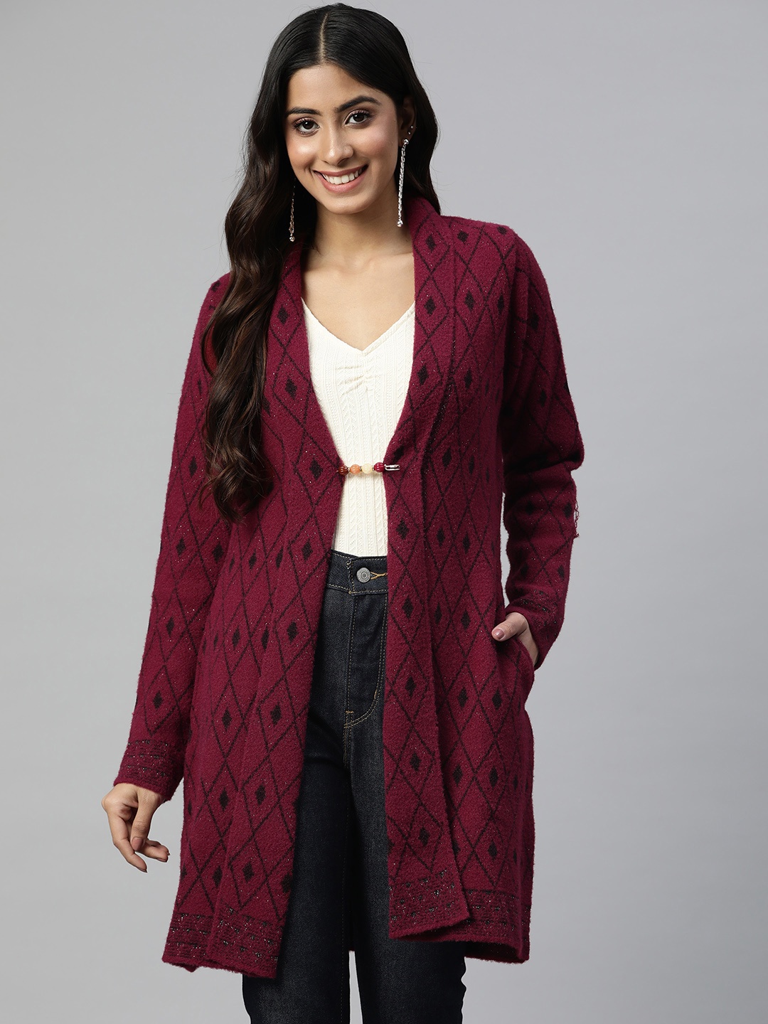 

Pierre Carlo Women Printed Longline Cardigan, Burgundy