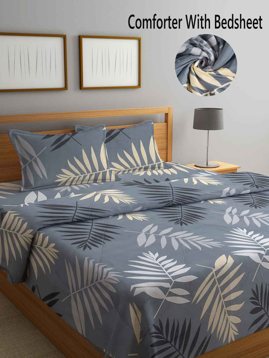 

KLOTTHE Grey & Cream Colored Printed Mild Winter Double King Bedding Set