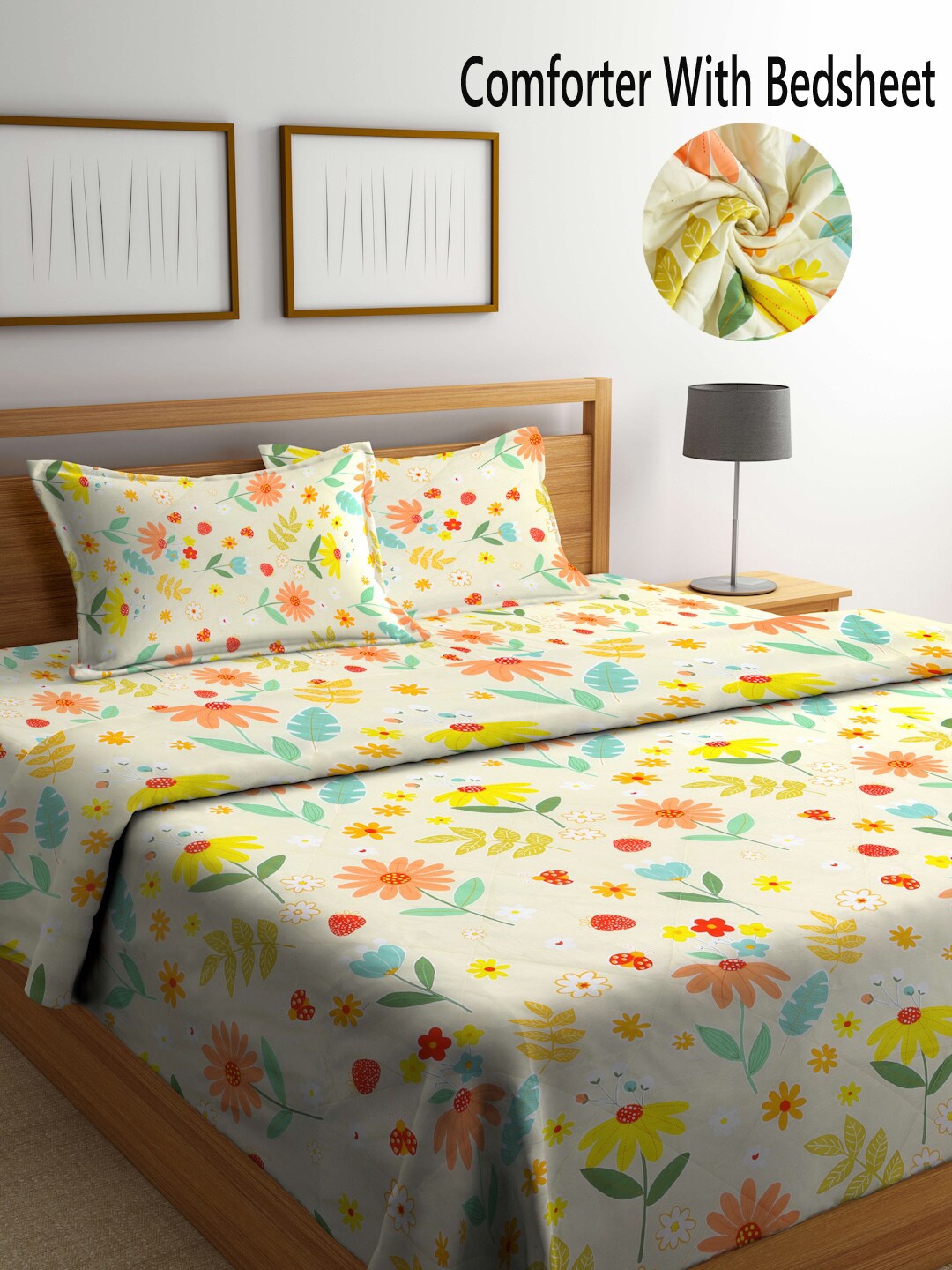 

KLOTTHE Off White & Yellow Floral Printed Mild Winter Double King Bedding Set