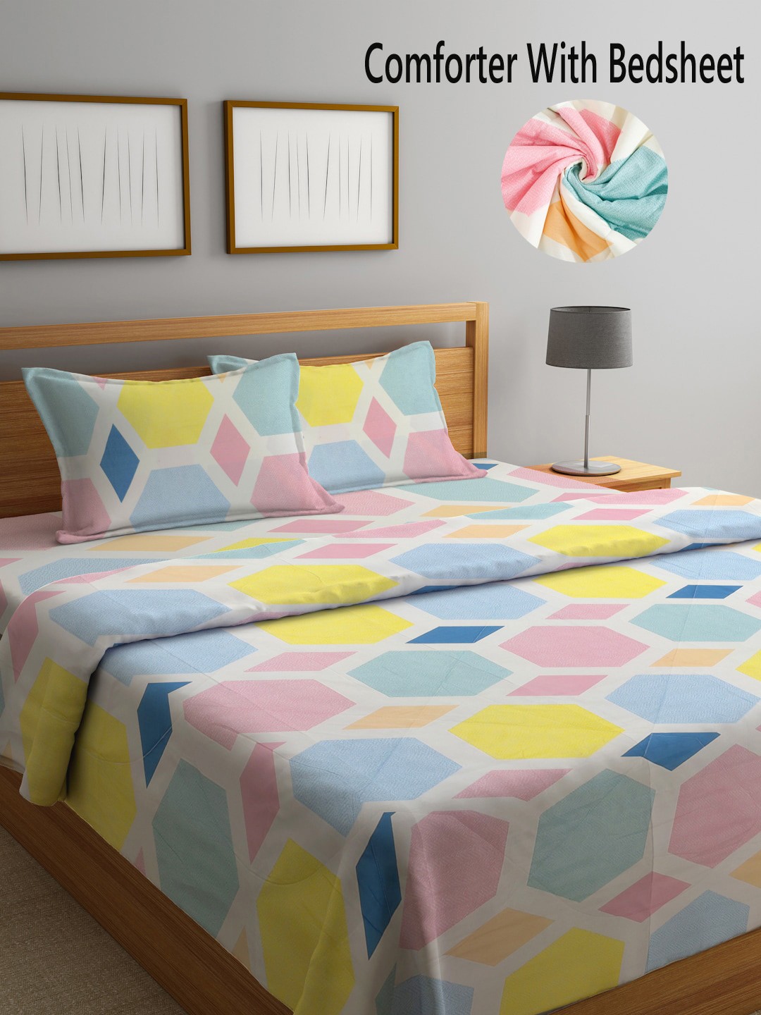 

KLOTTHE Blue & Yellow Geometric Printed Mild Winter Double King Size Bedding Set
