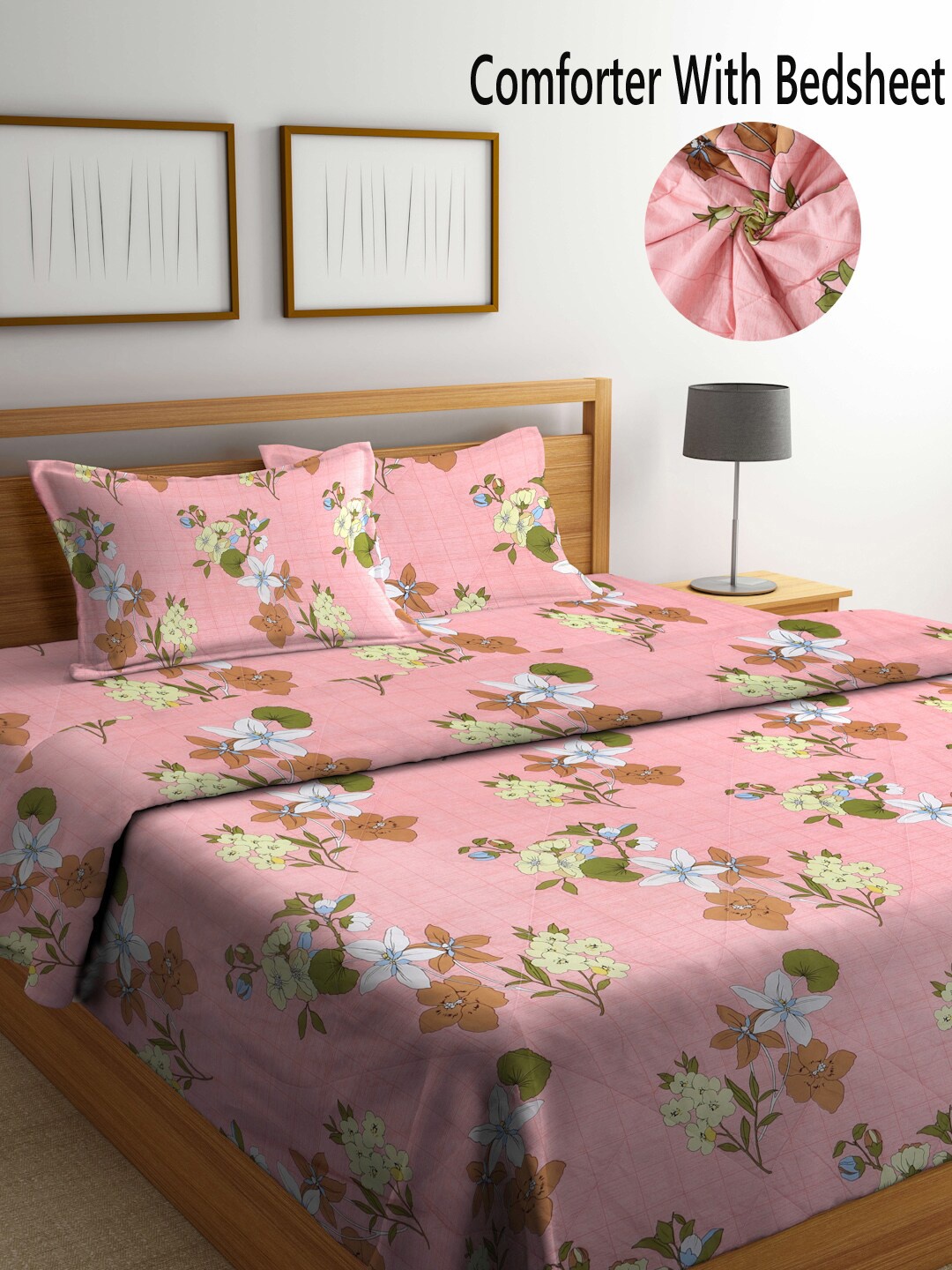 

KLOTTHE Pink & Green Floral Printed Mild Winter Double King Bedding Set