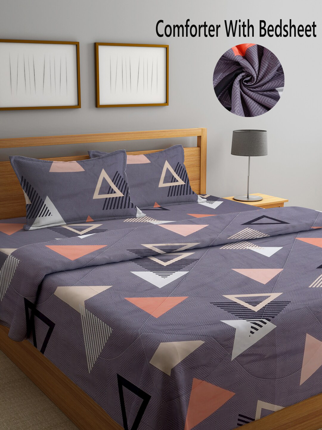 

KLOTTHE Purple & Orange Colored Geometric Printed Double King Bedding Set