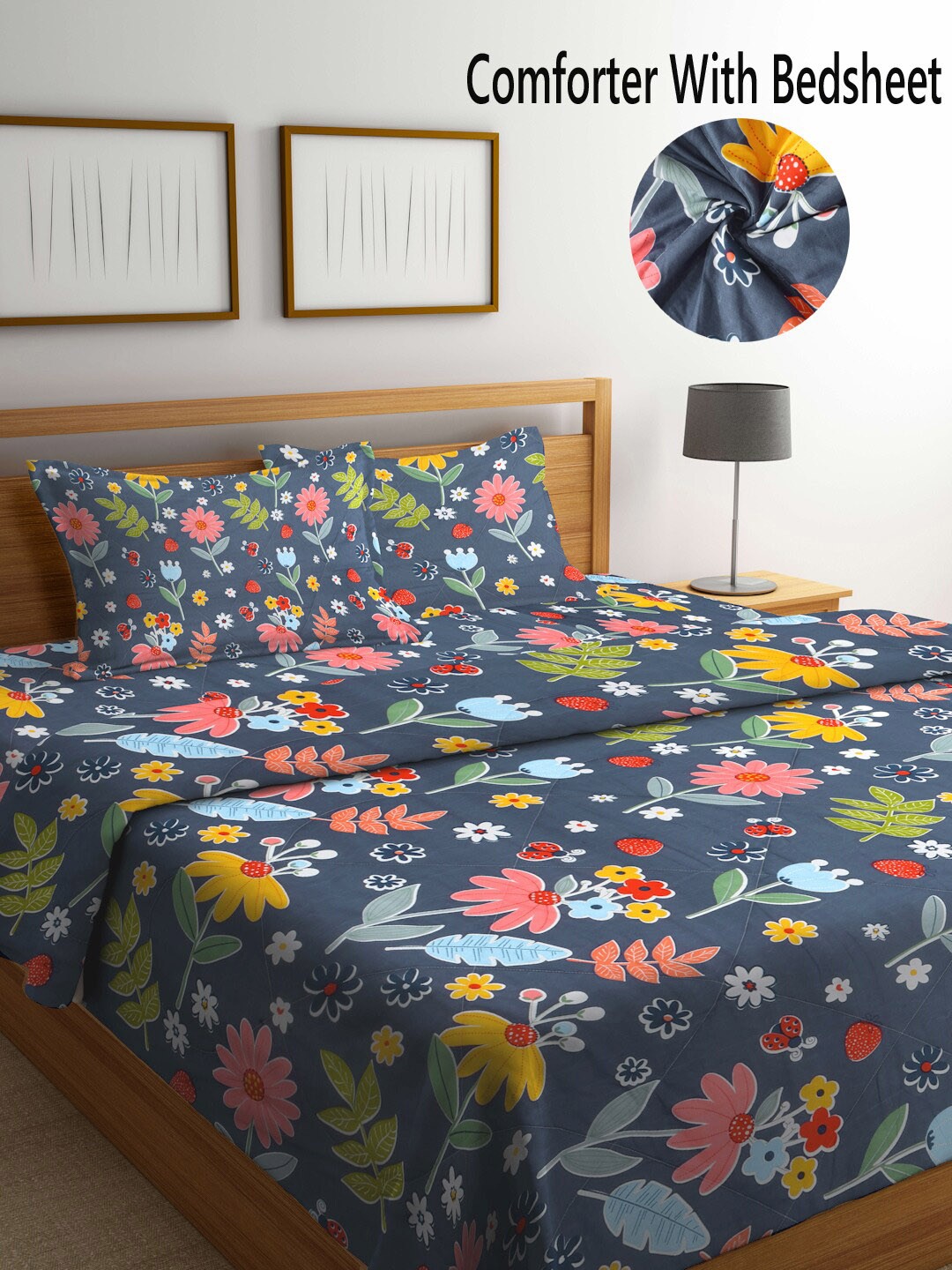 

KLOTTHE Blue & Coral Floral Printed Double King Size Bedding Set