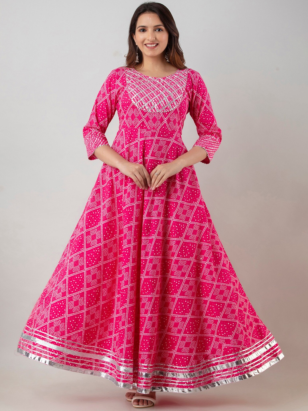 

KALINI Bandhani Printed Gotta Patti Anarkali Cotton Kurta, Pink