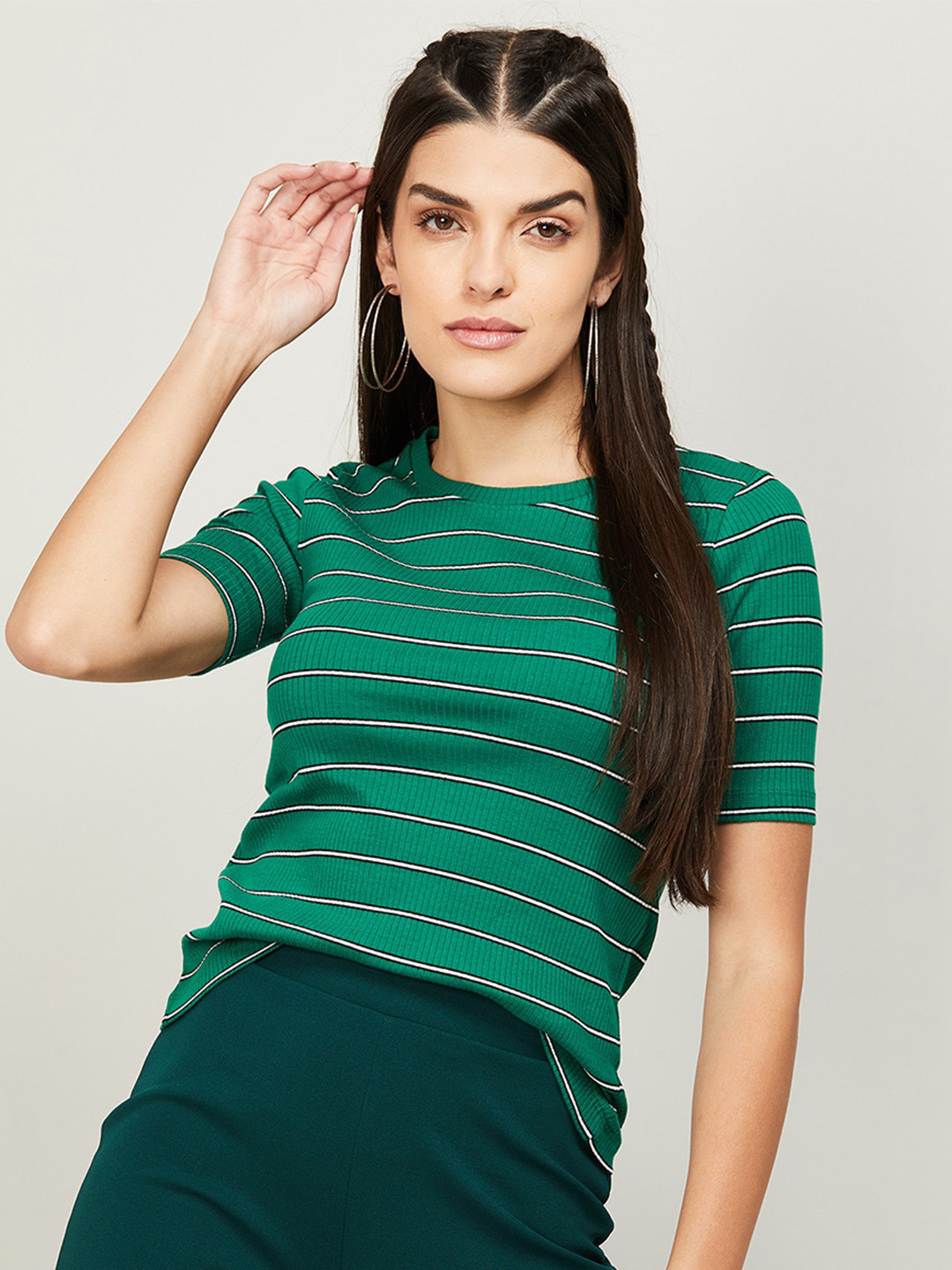 

CODE by Lifestyle Green Striped Pure Cotton Top