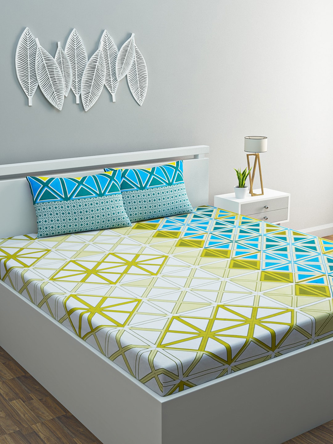 

BLUSH Multicoloured Geometric 120 TC Queen Bedsheet with 2 Pillow Covers, Blue