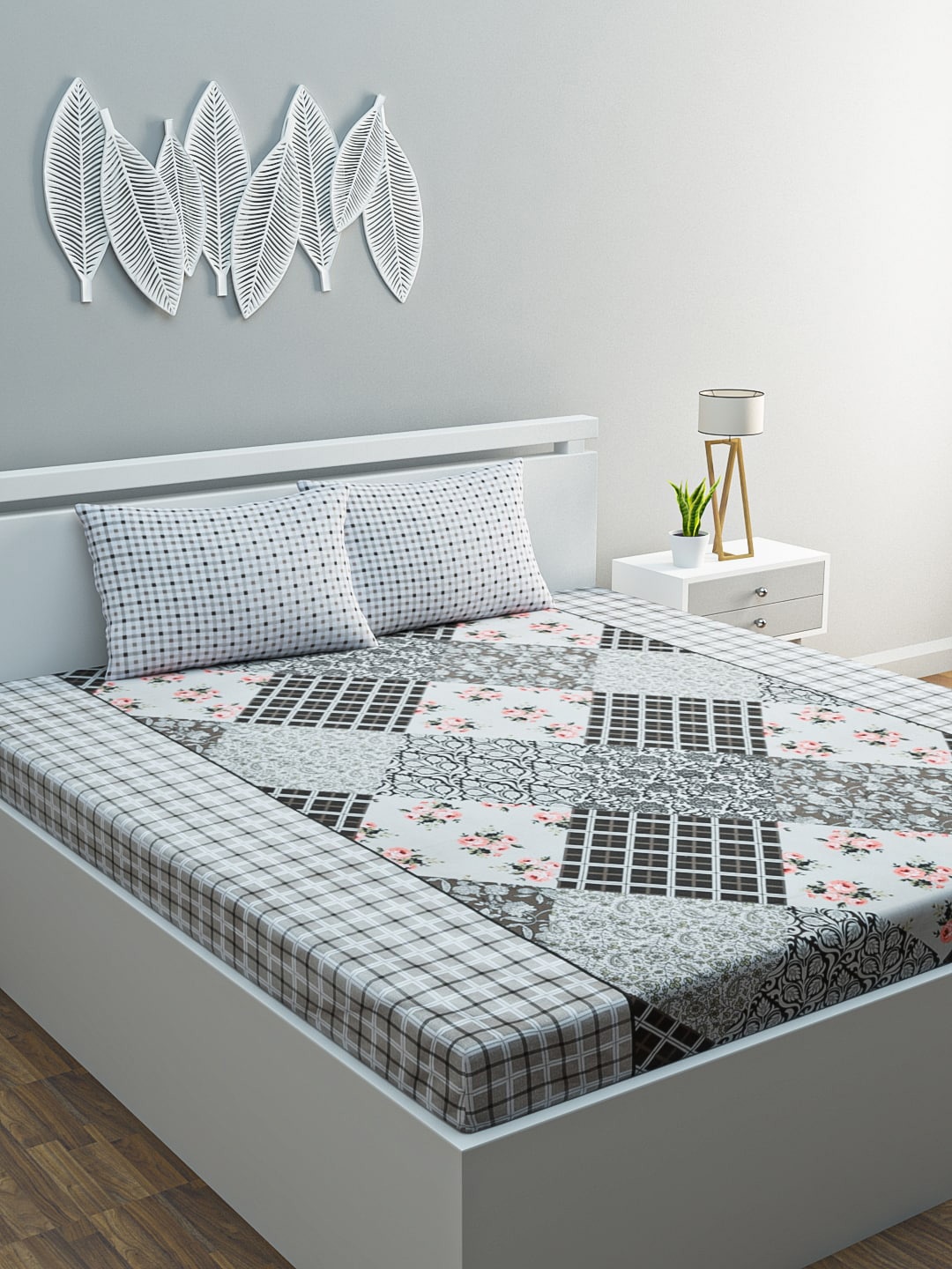 

BLUSH Blue & Black Floral 120 TC Queen Bedsheet with 2 Pillow Covers