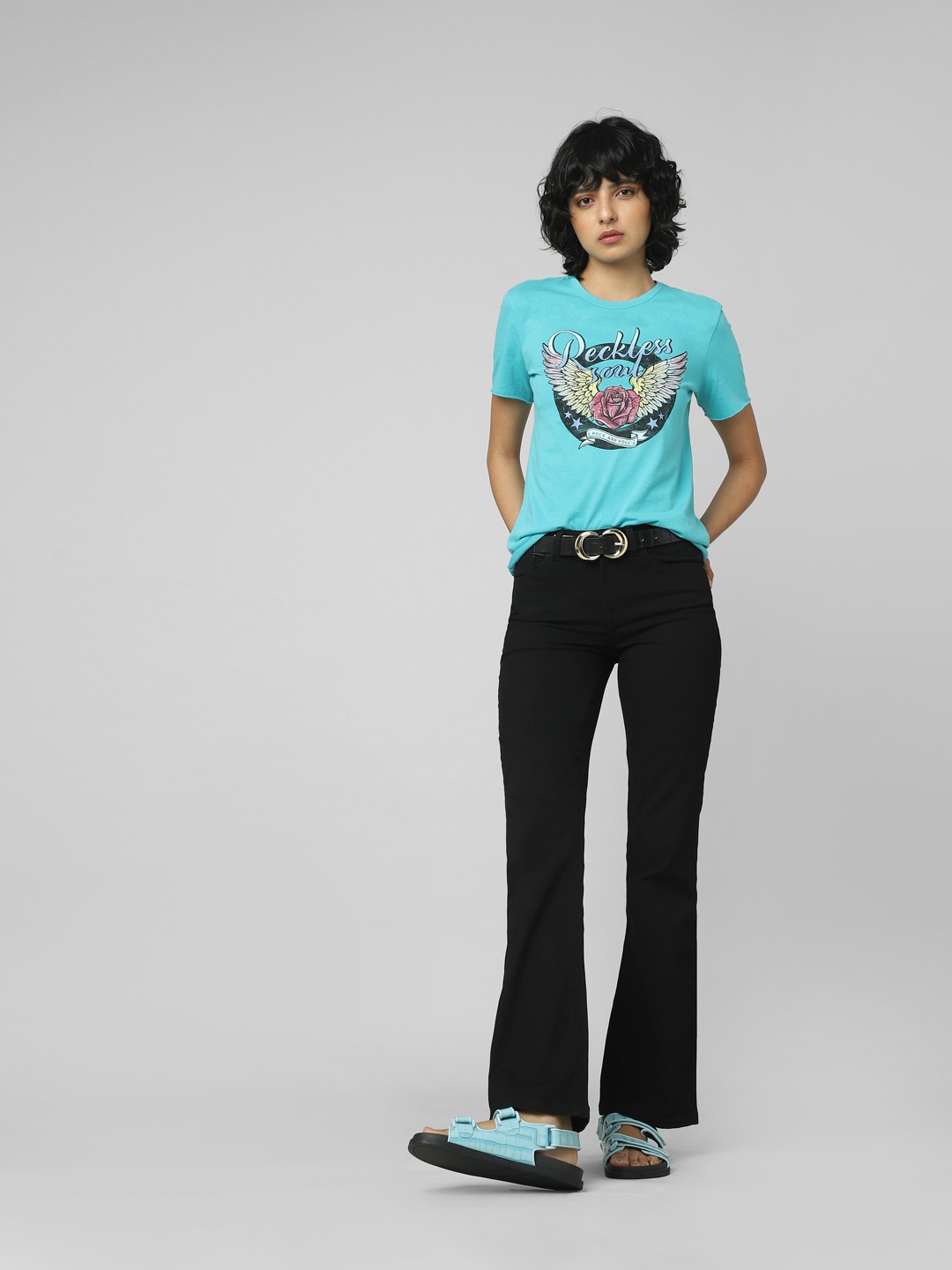 

ONLY Women Black Flared High-Rise Low Distress Jeans