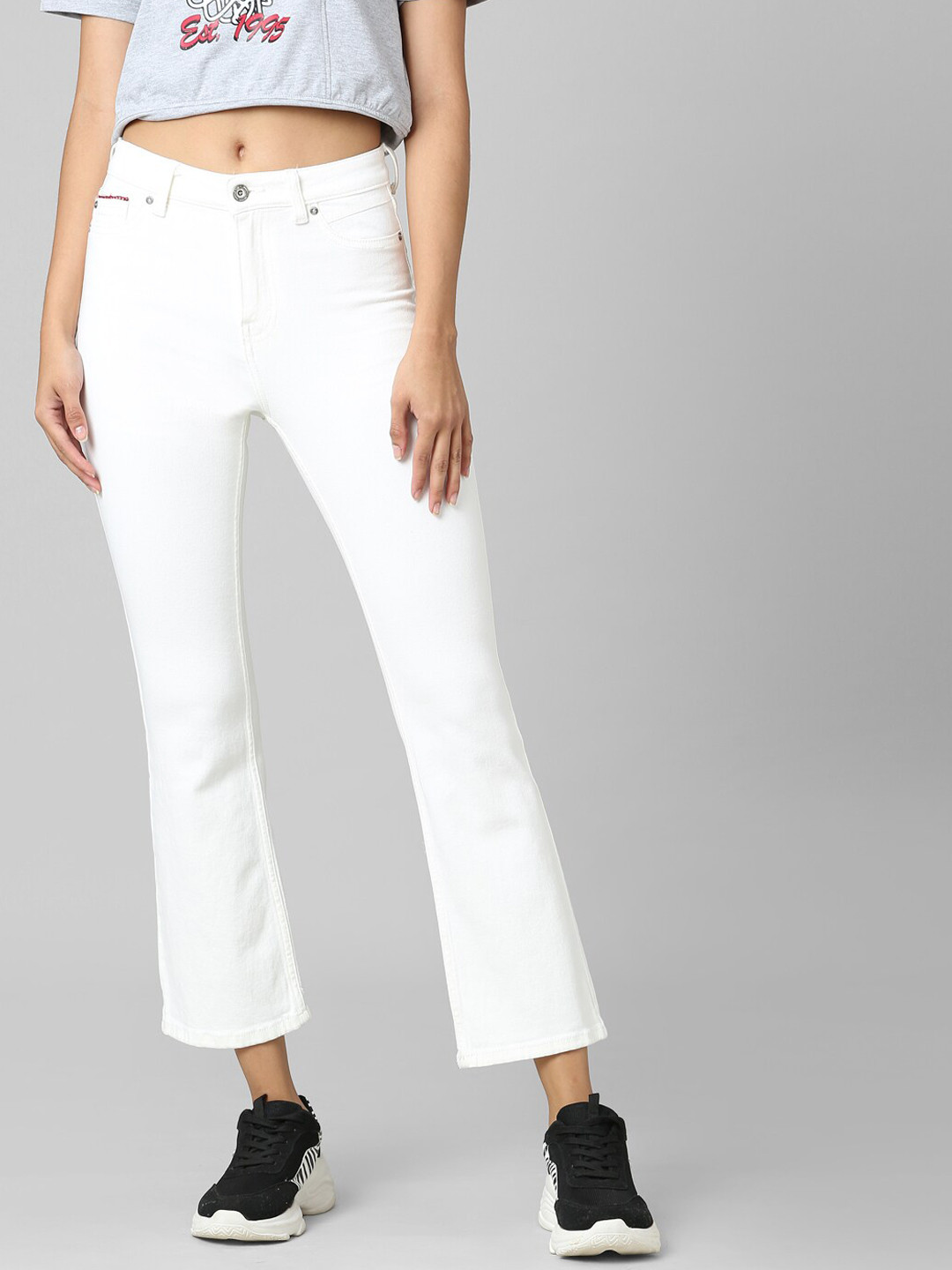 

ONLY Women White Flared High-Rise Slash Knee Jeans