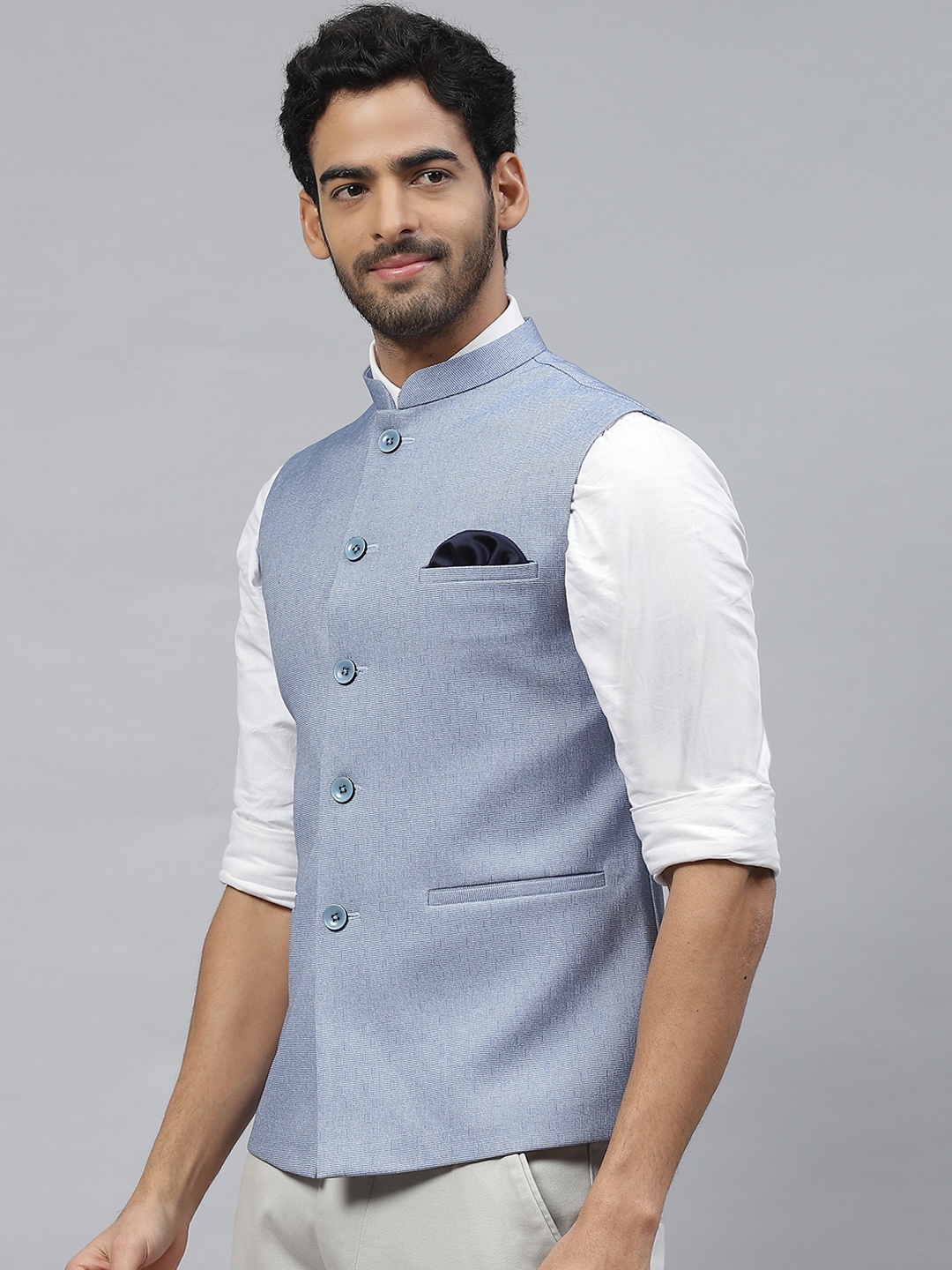 

ESSAS club Men Solid Nehru Jacket with Pocket Square, Turquoise blue