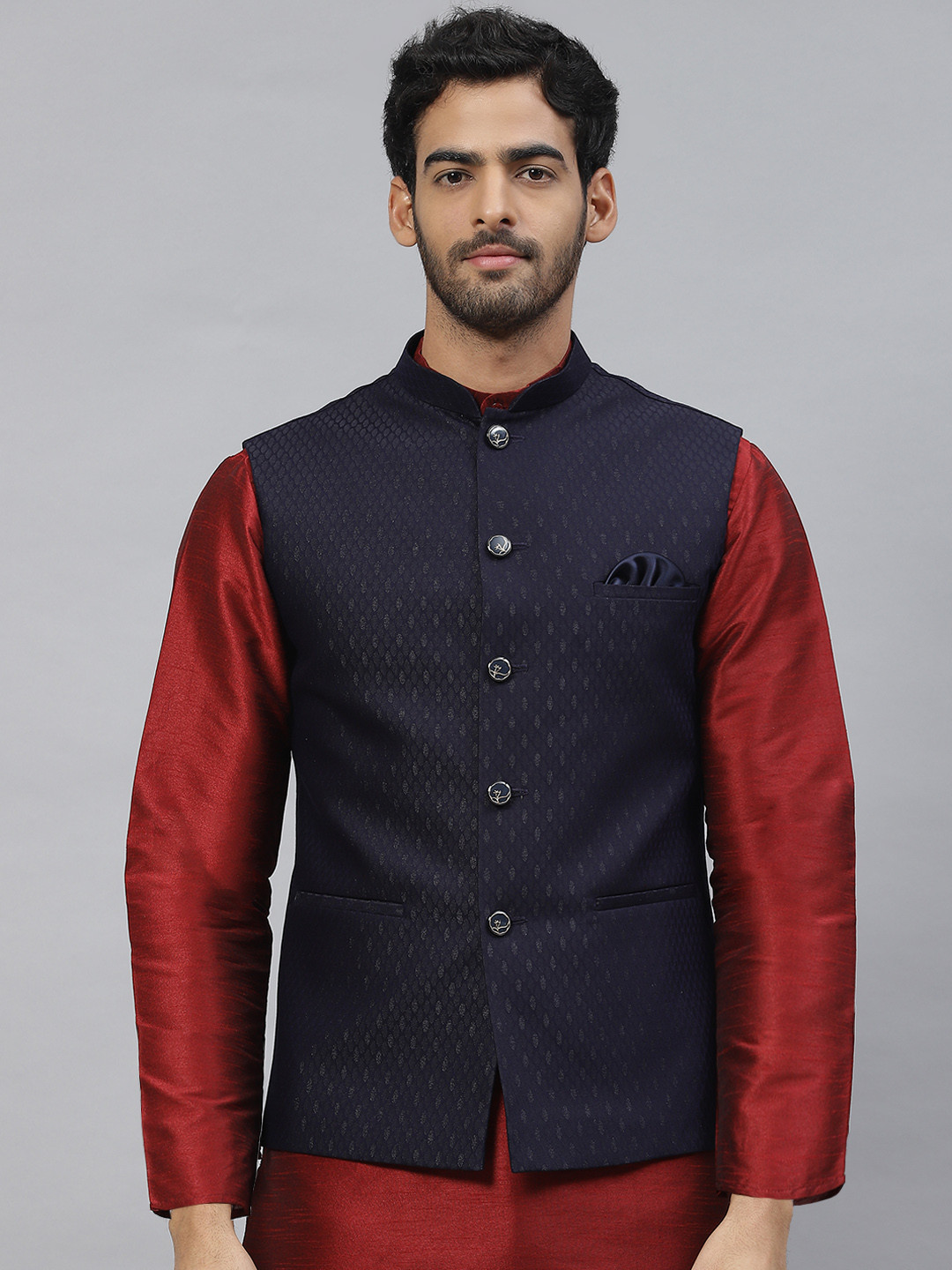 

ESSAS club Men Jacquard Nehru Jacket with Pocket Square, Purple