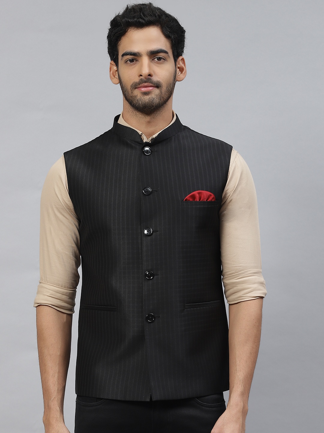 

ESSAS club Men Stripes Nehru Jacket with Pocket Square, Black