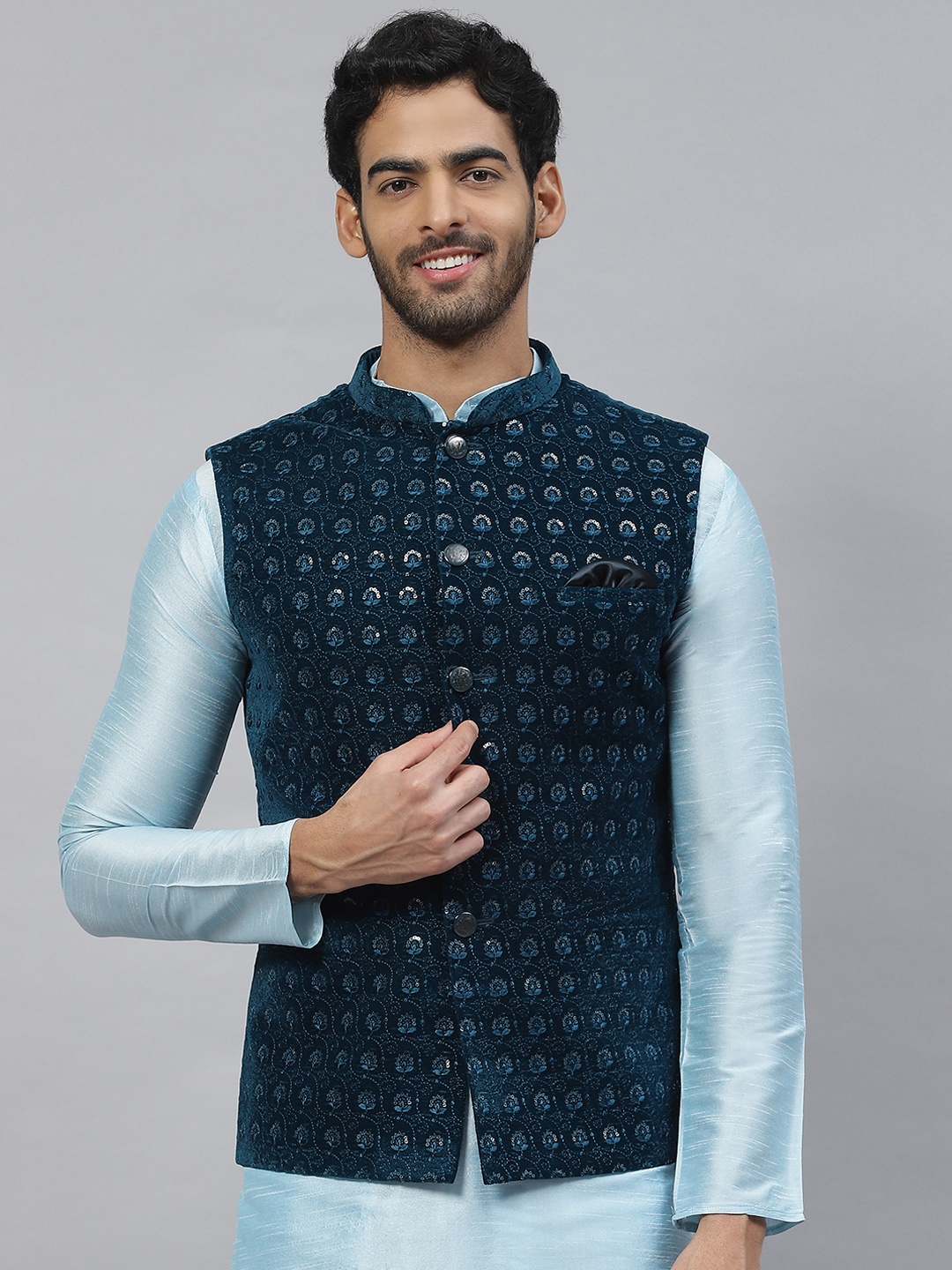 

ESSAS club Men Embroidered Nehru Jacket with Pocket Square, Teal