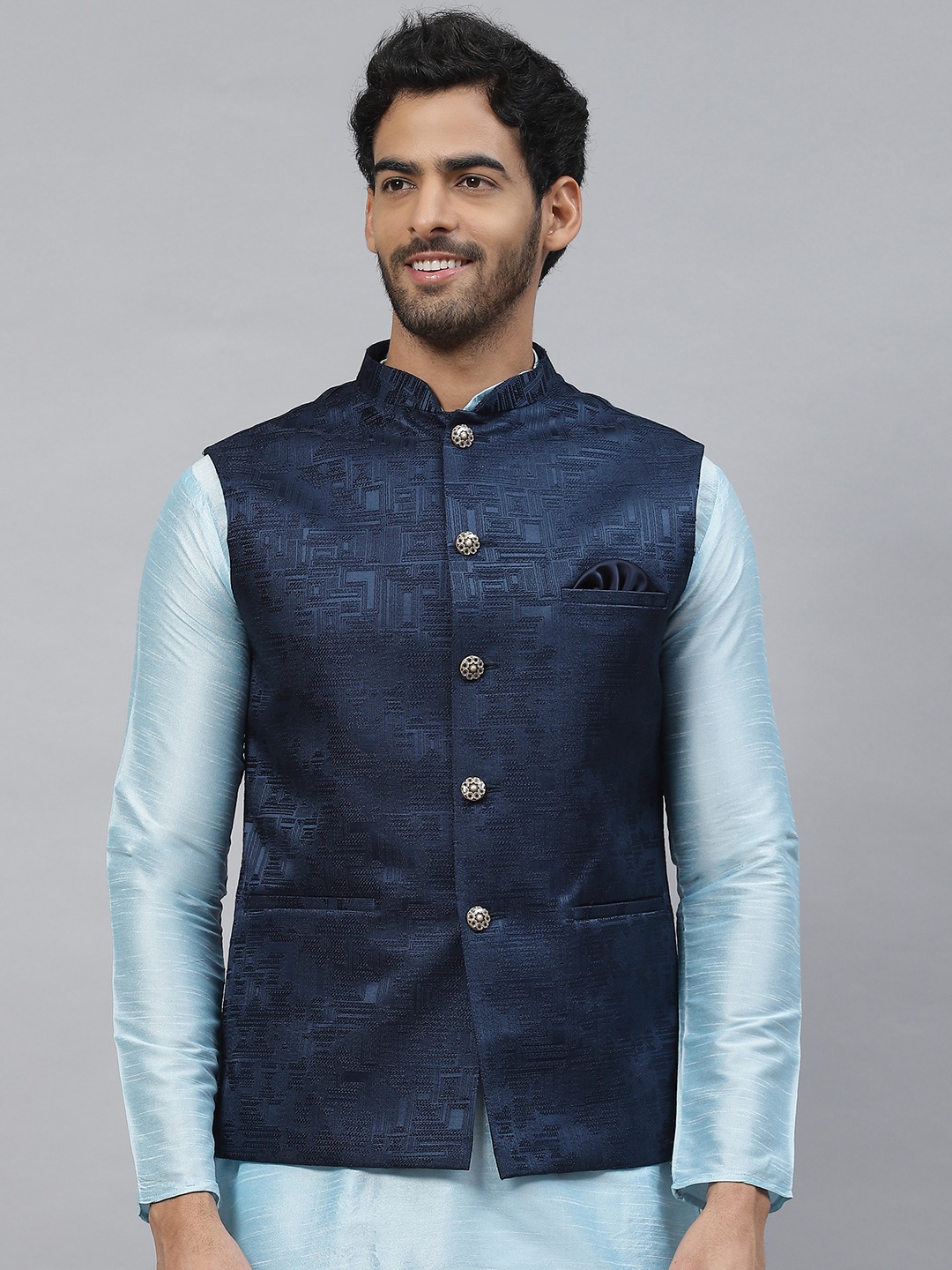 

ESSAS club Men Geometric Jacquard Nehru Jacket with Pocket Square, Navy blue