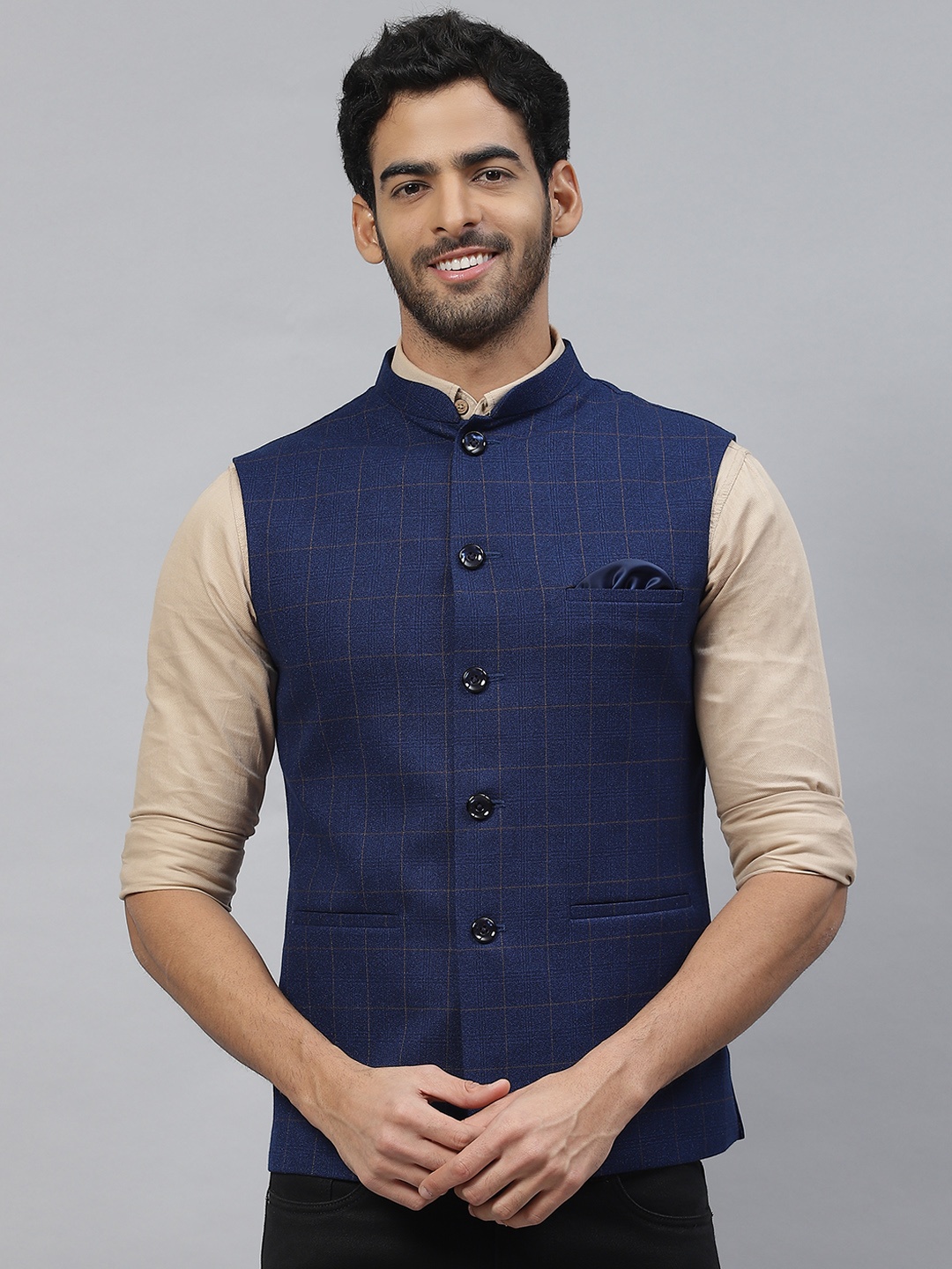 

ESSAS club Men Checked Nehru Jacket with Pocket Square, Navy blue