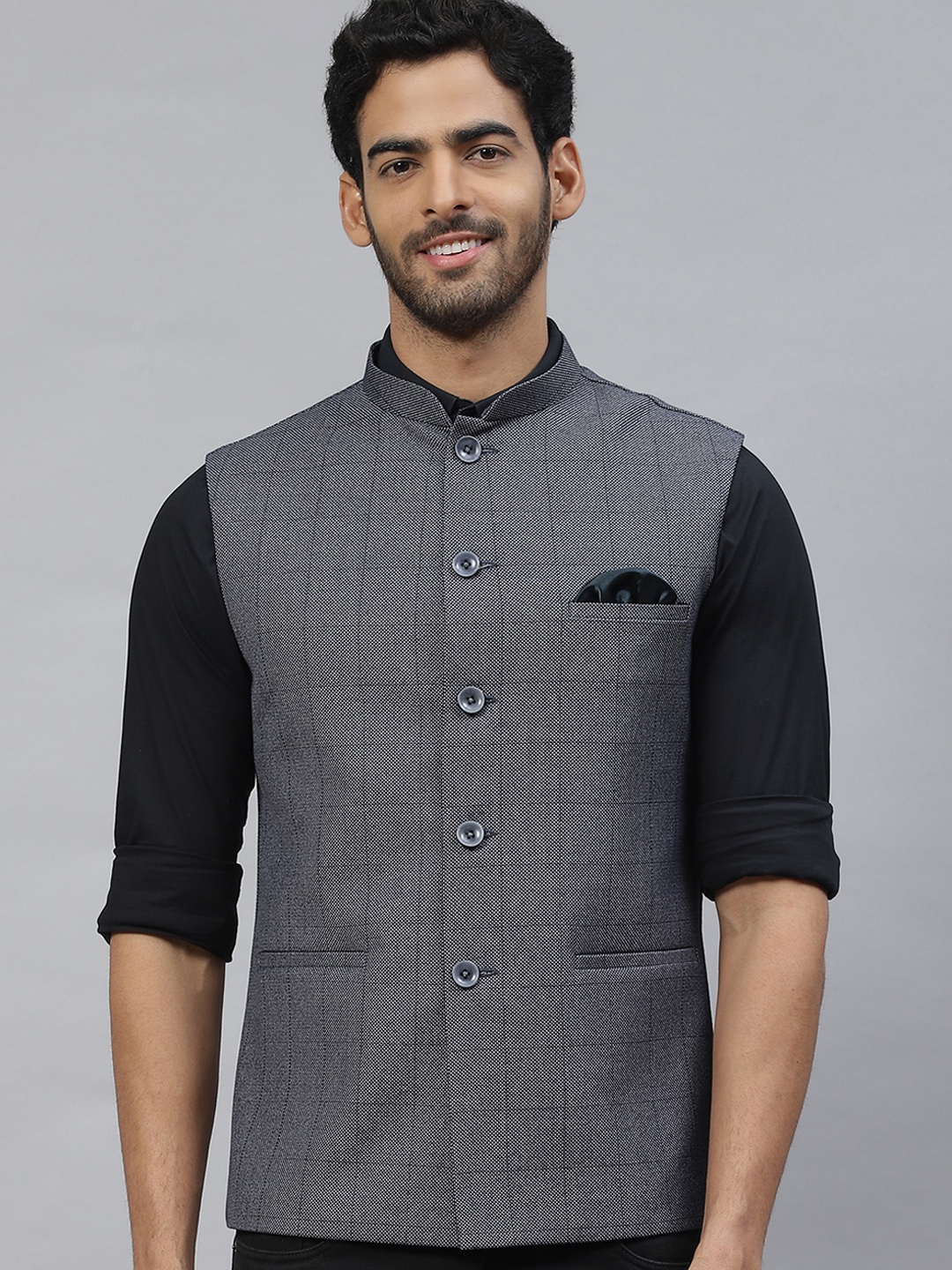 

ESSAS club Men Checked Nehru Jacket with Pocket Square, Grey