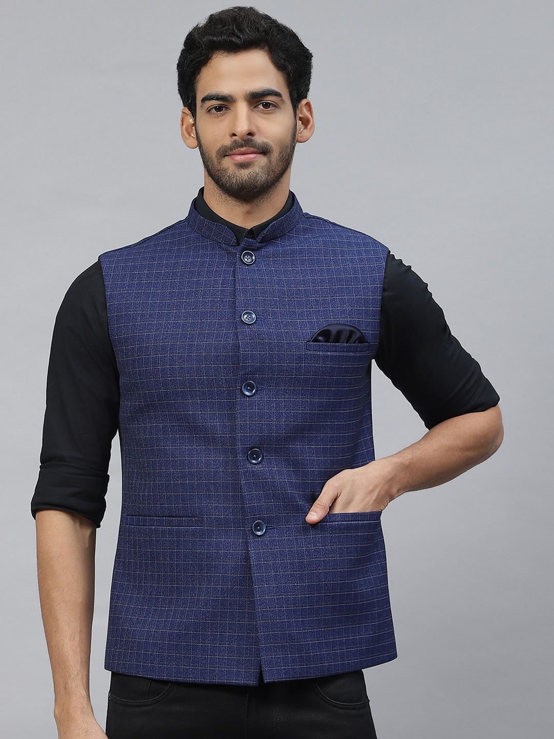 

ESSAS club Men Checked Nehru Jacket with Pocket Square, Blue