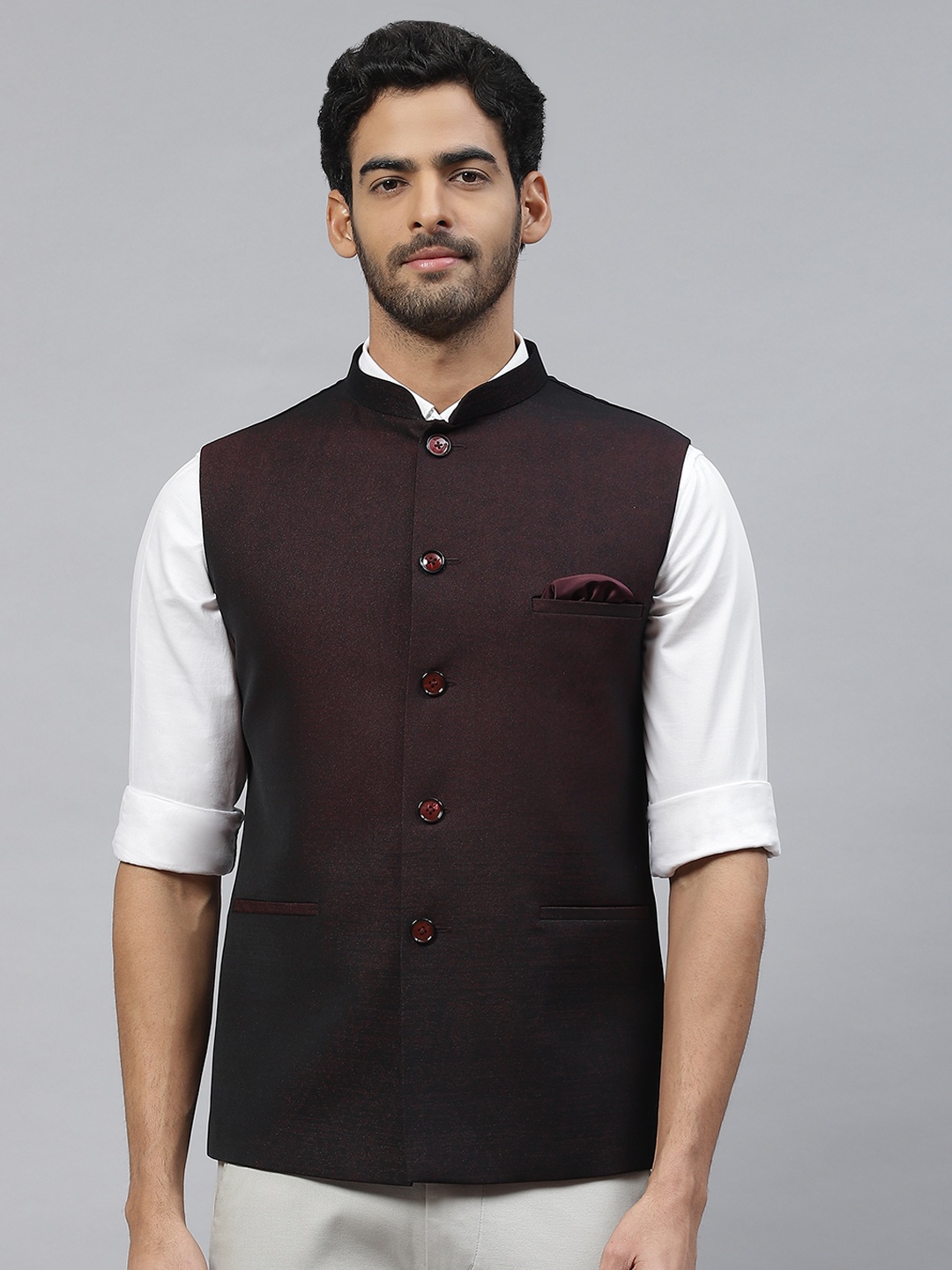 

ESSAS club Men Jacquard Nehru Jacket with Pocket Square, Maroon