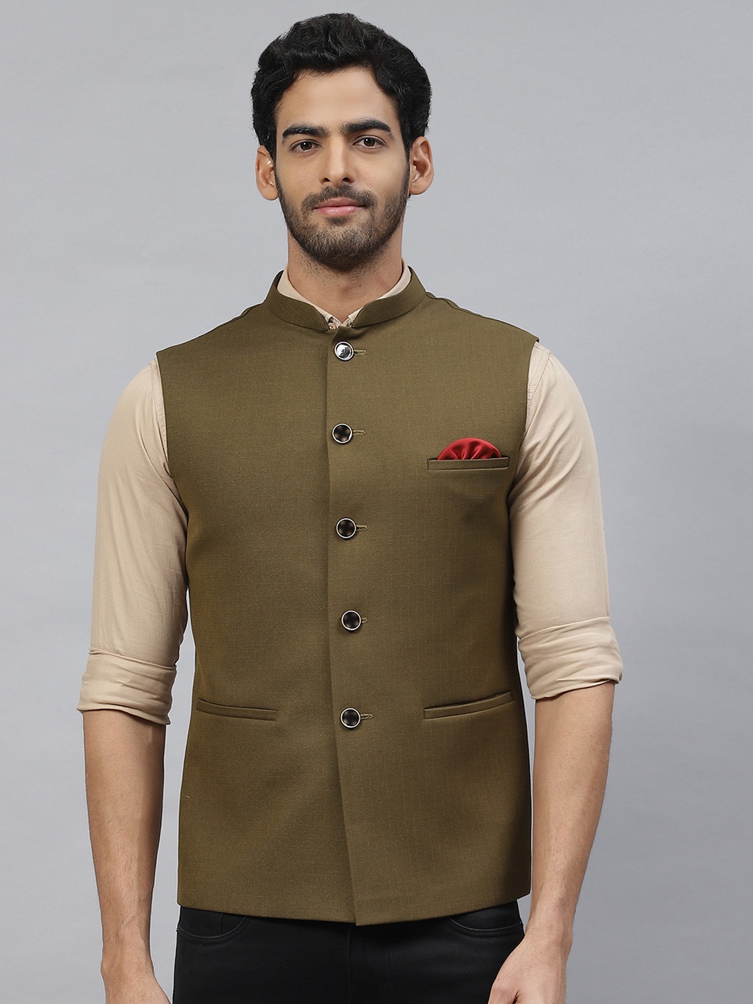 

ESSAS club Men Nehru Jacket with Pocket Square, Khaki