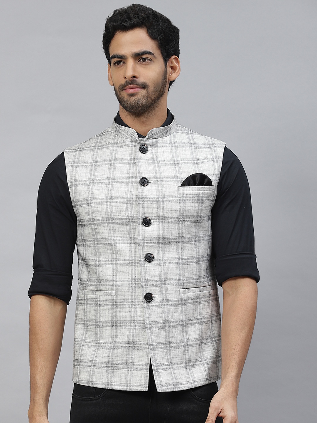 

ESSAS club Men Checked Nehru Jacket with Pocket Square, Off white