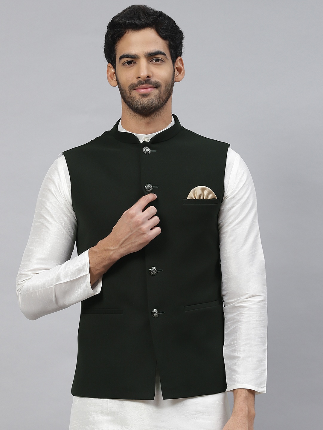 

ESSAS club Men Solid Nehru Jacket with Pocket Square, Green