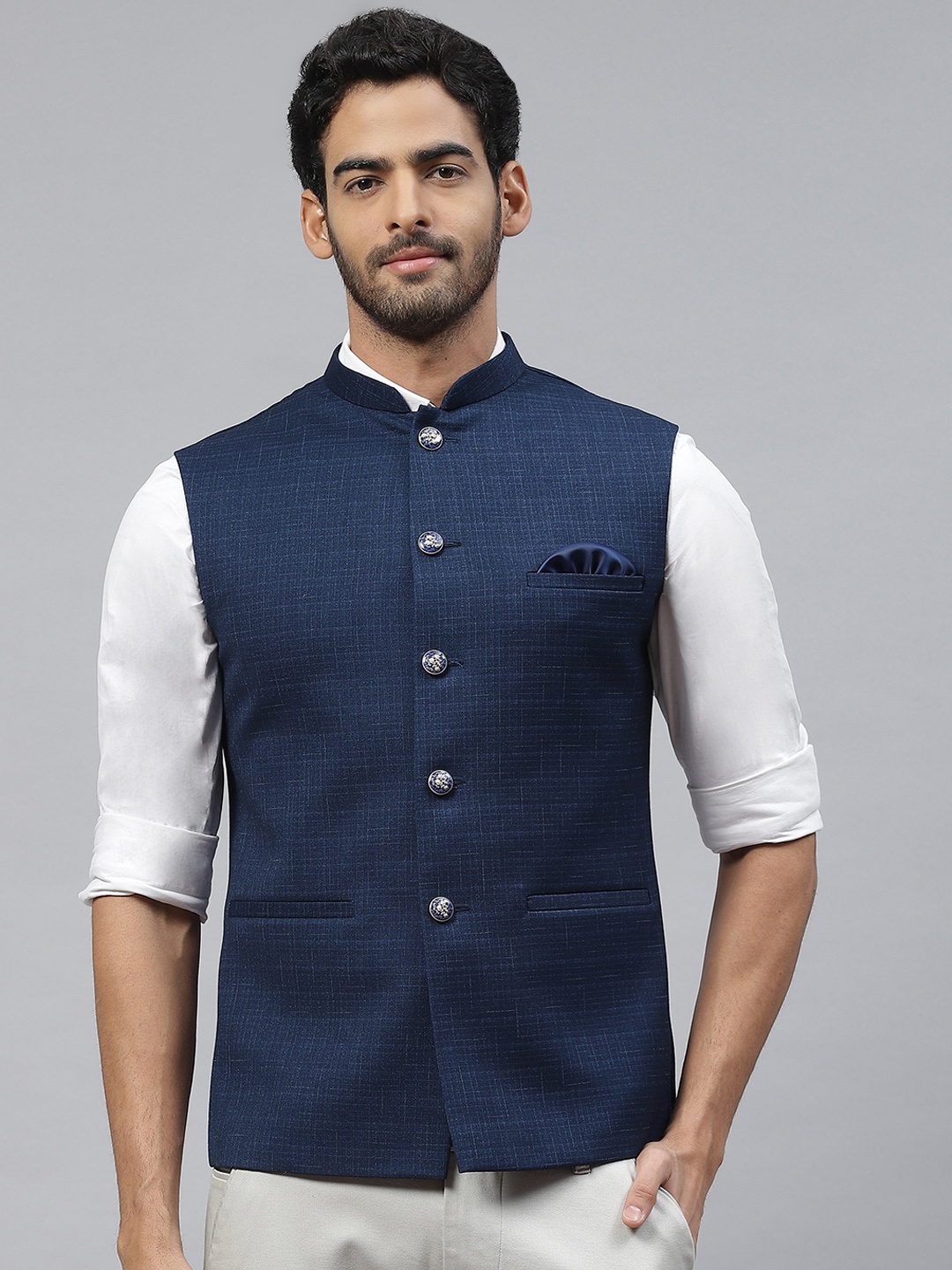 

ESSAS club Men Checked Nehru Jacket with Pocket Square, Blue