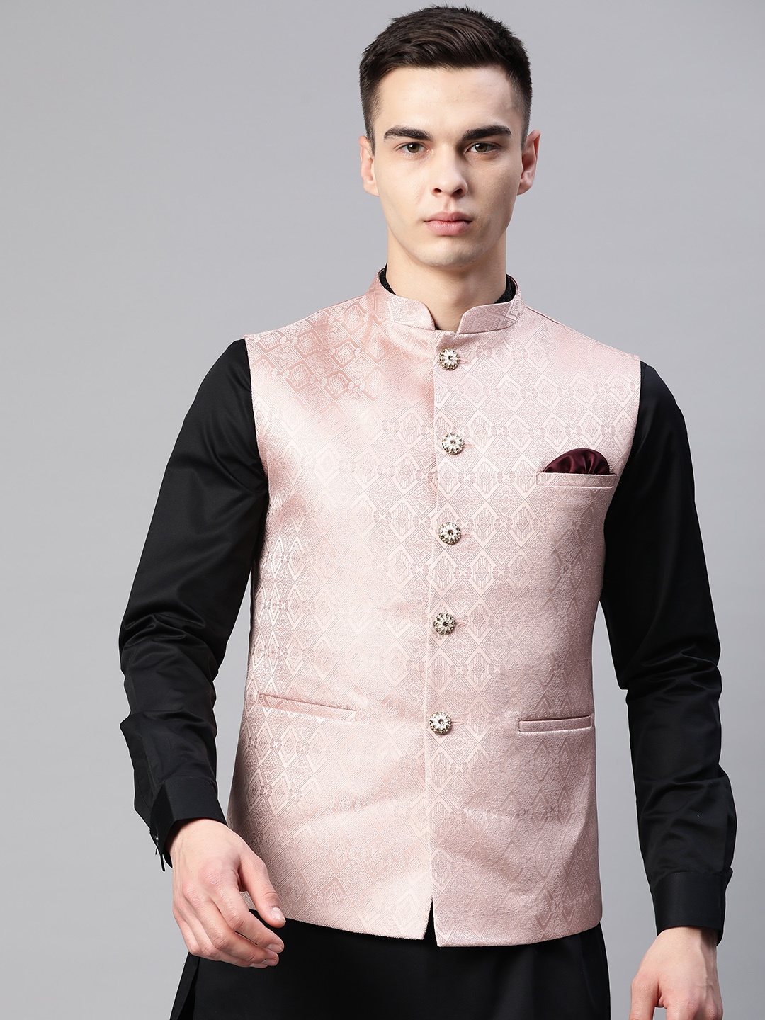 

ESSAS club Men Geometric Jacquard Weave Nehru Jacket with Pocket Square, Pink