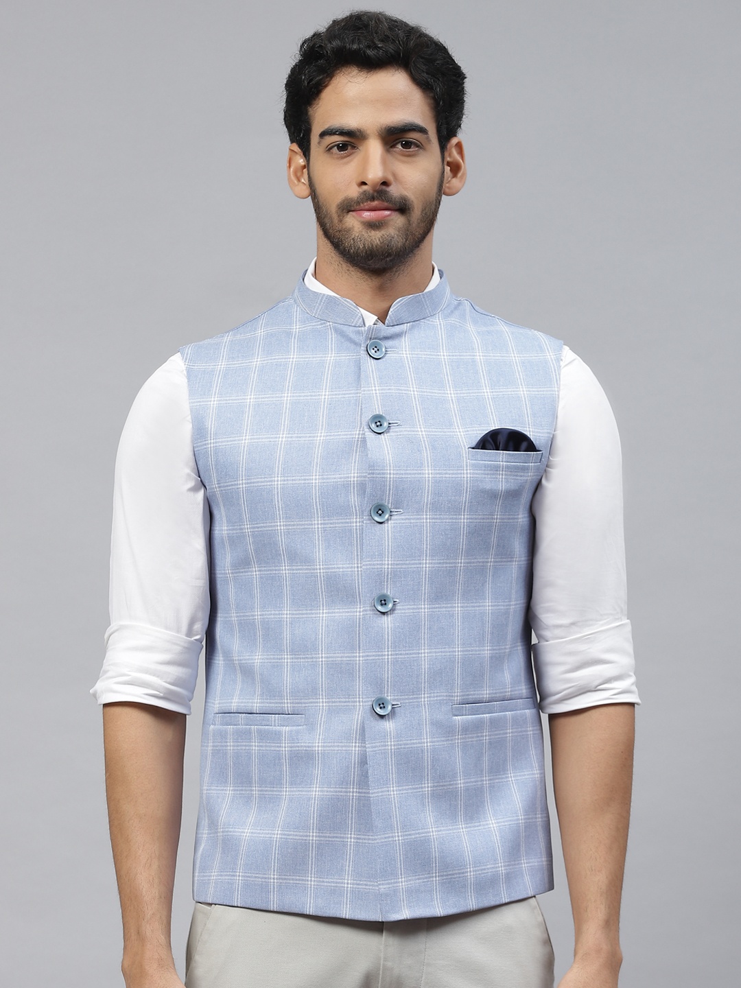 

ESSAS club Men Checked Nehru Jacket with Pocket Square, Blue