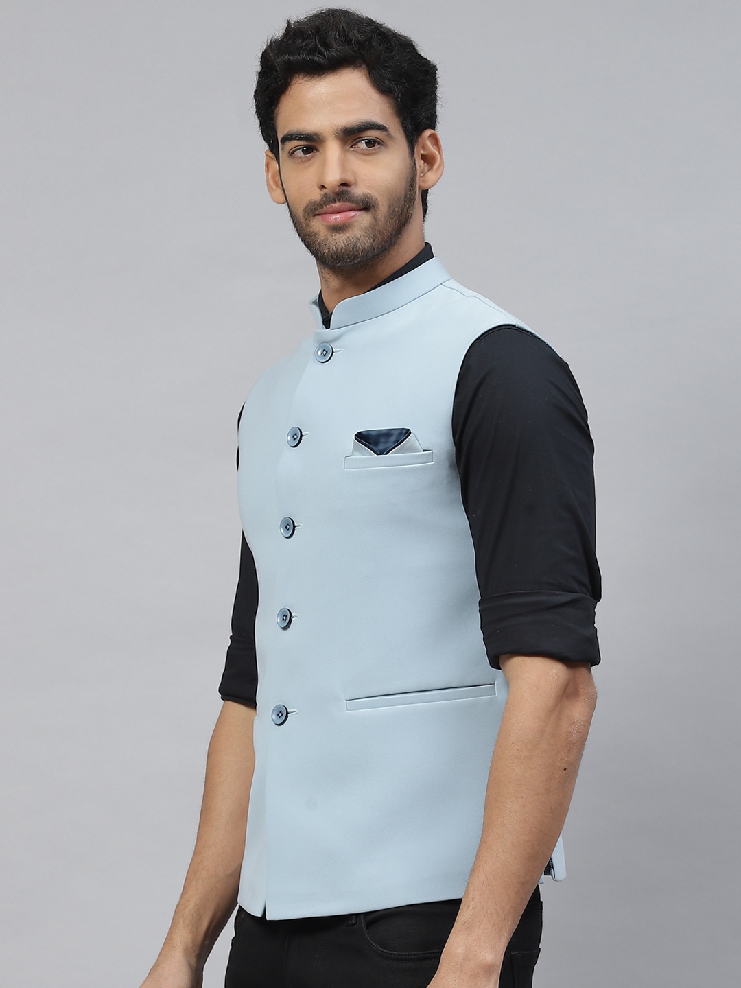 

ESSAS club Men Solid Nehru Jacket with Pocket Square, Turquoise blue
